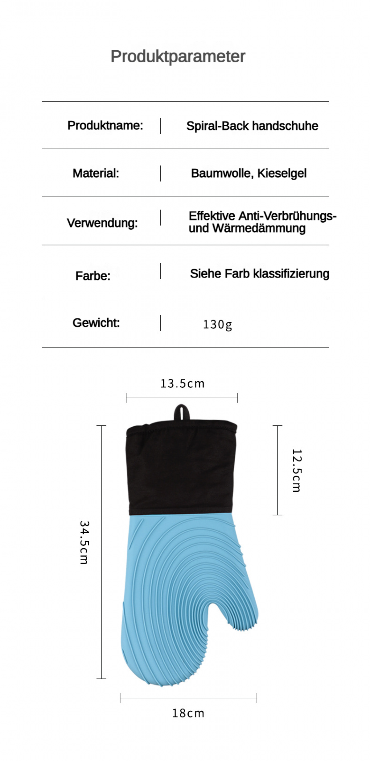 Ein blauer Ofenhandschuh mit schwarzem Stoffoberteil und Silikonmuster. Maße sind angegeben.