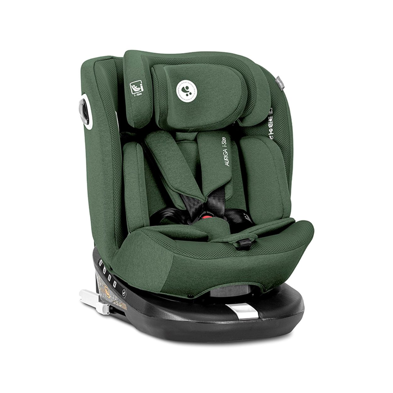 Ein grüner Kindersitz mit schwarzem Gurtzeug und Basis.