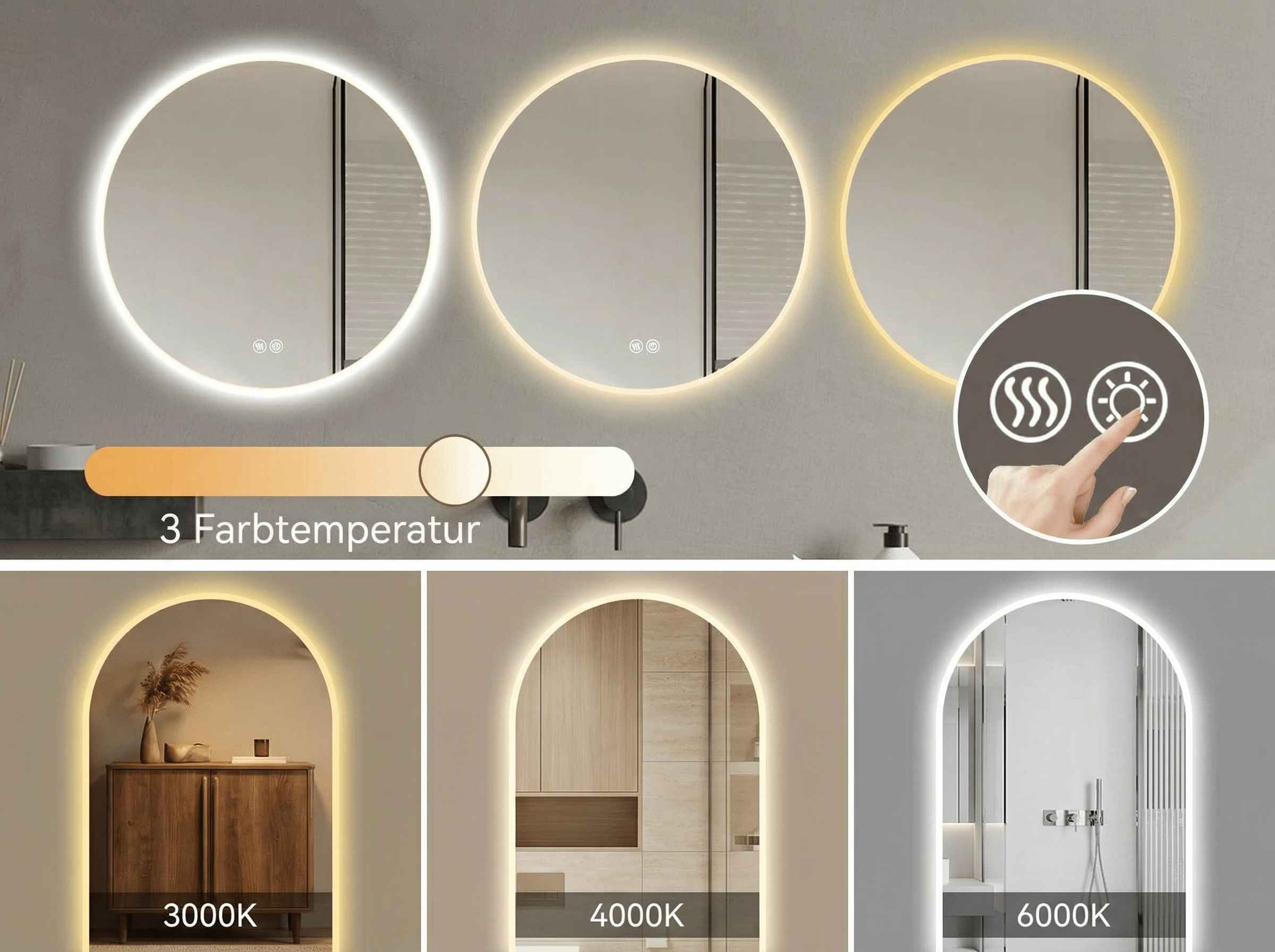 Ein rundes Spiegel-Display zeigt drei Lichtfarben, mit Bedienelementen.