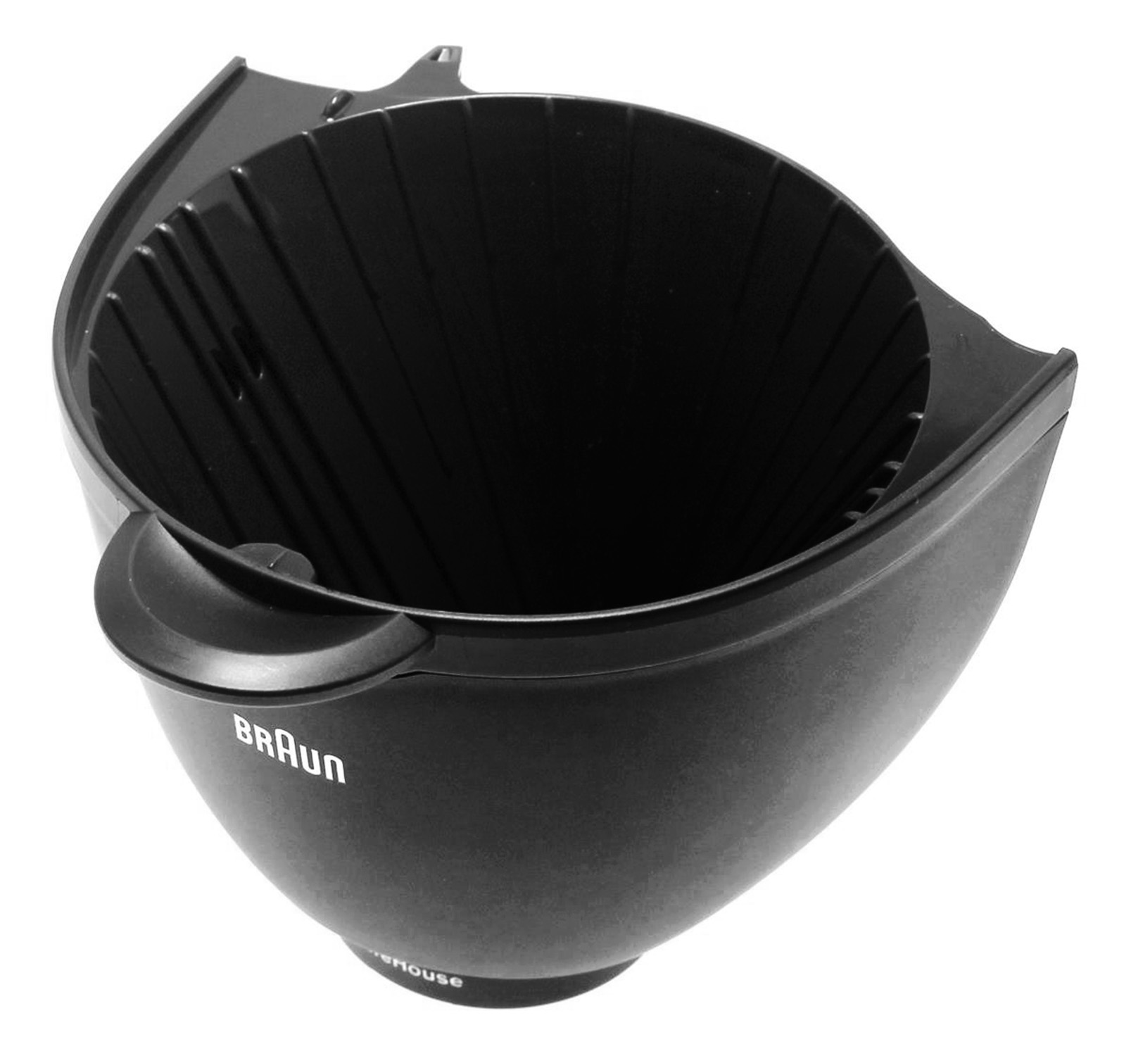 Schwarzer Kaffeefilter mit geripptem Inneren und Griffen.