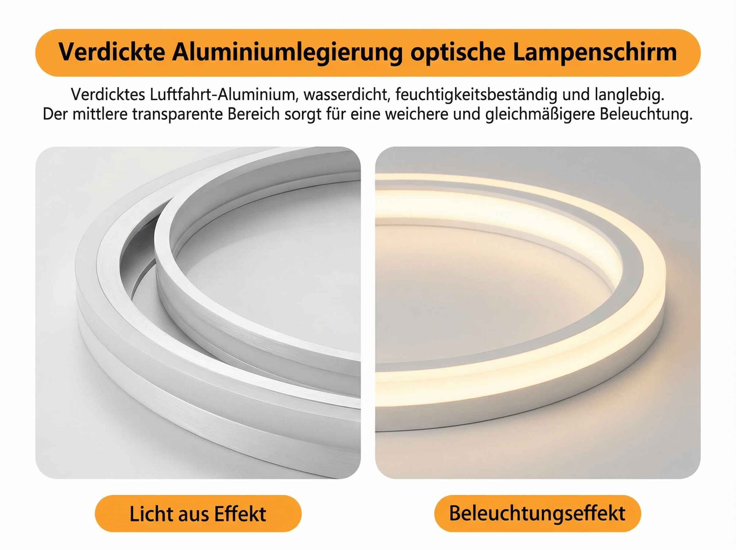 Ringförmige Lampen mit Aluminiumlegierung, einmal beleuchtet, einmal aus.