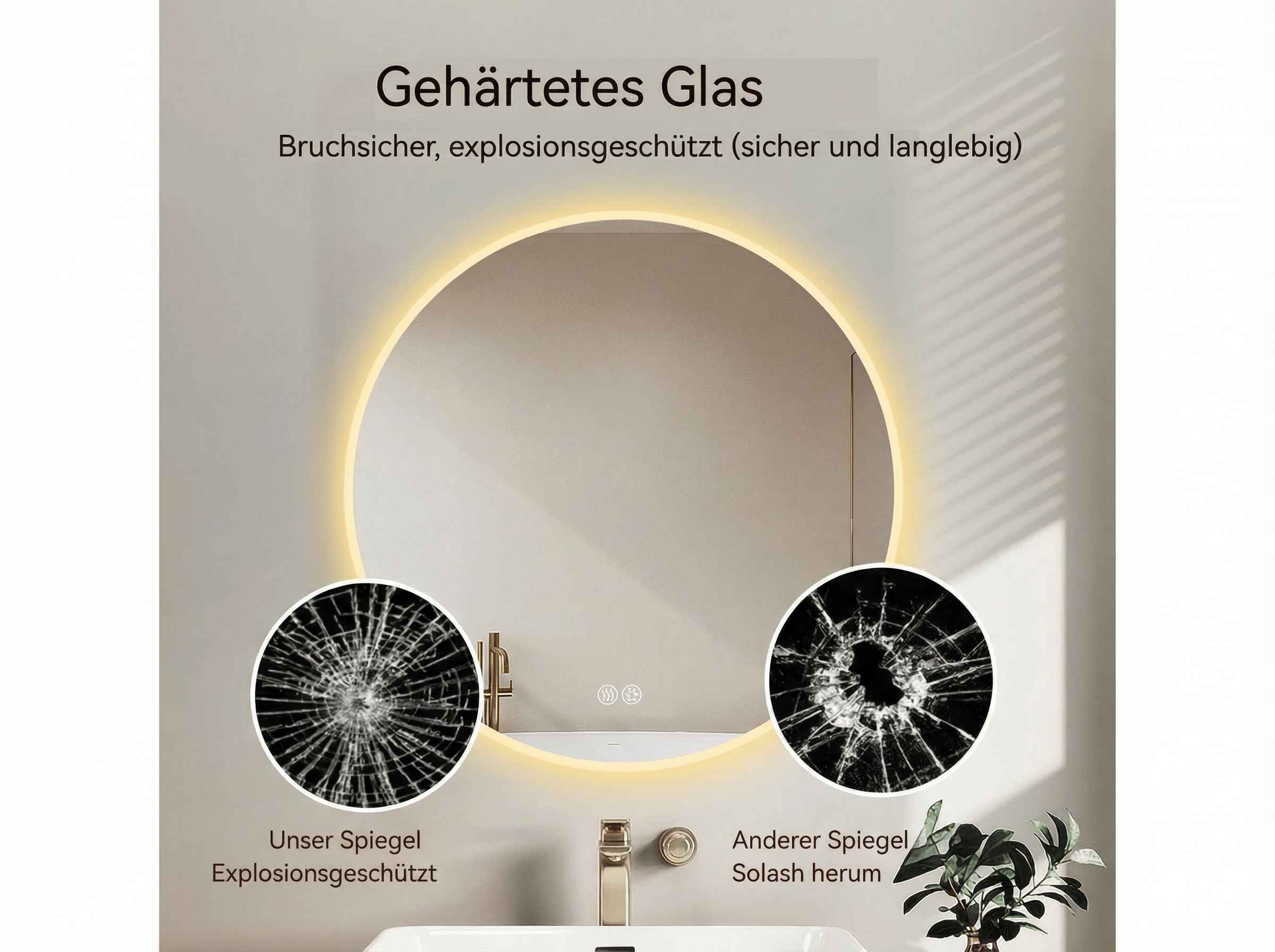 Ein runder Spiegel mit Beleuchtung, zeigt zerbrochenes Glas.