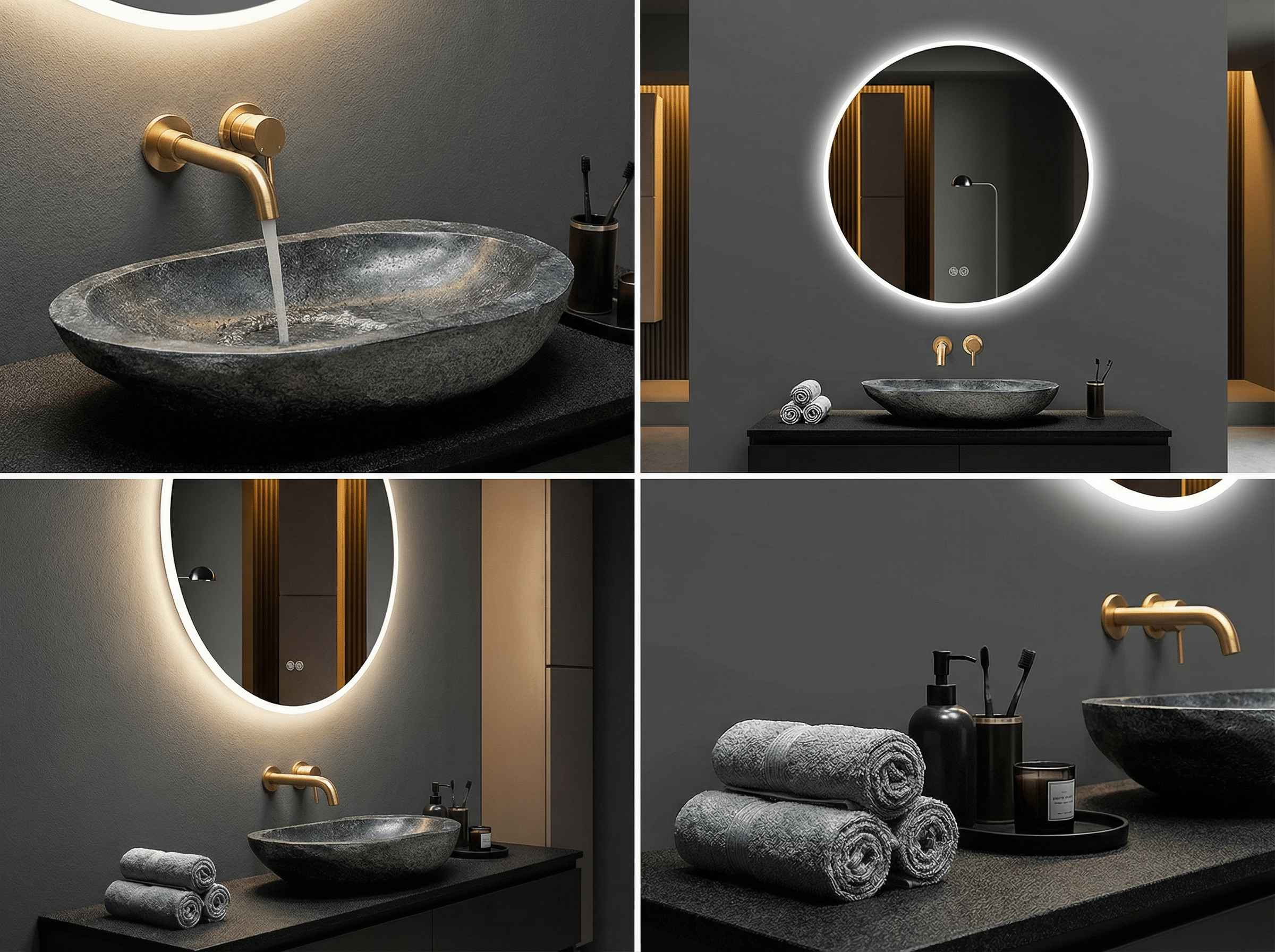 Badezimmer mit Steinwaschbecken, Messingarmatur, beleuchtetem Spiegel und Handtüchern.