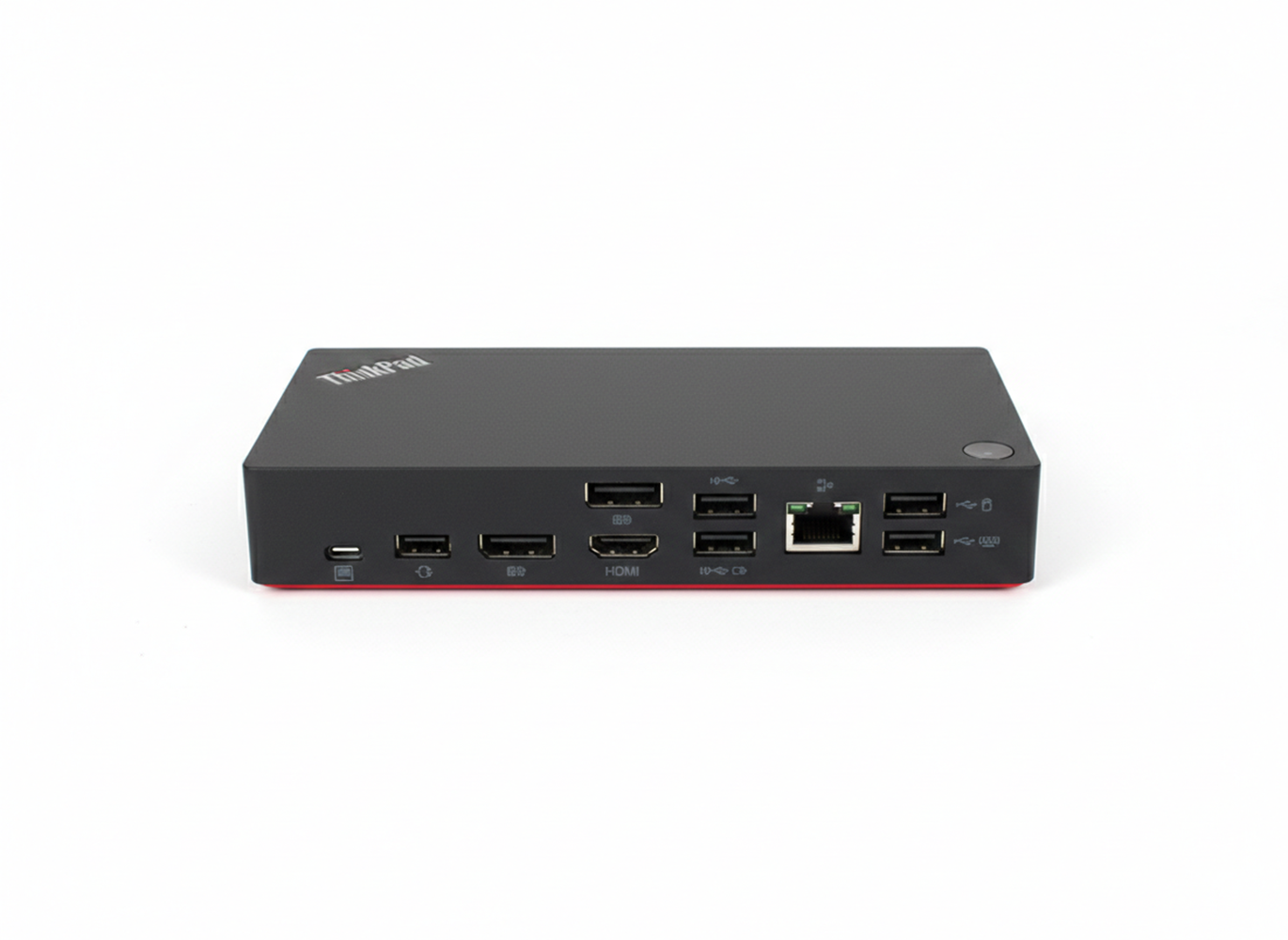 Ein schwarzes ThinkPad-Dock mit zahlreichen Anschlüssen, darunter USB und HDMI.