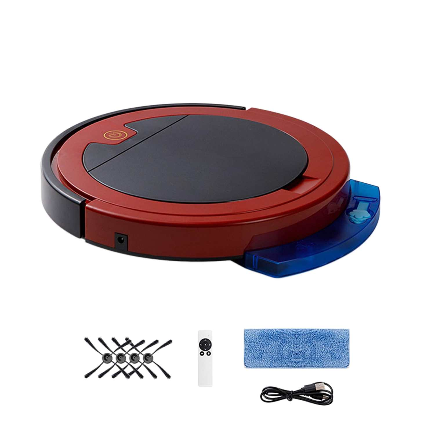 Ein roter Saugroboter mit Zubehör: Bürsten, Fernbedienung, Tuch, USB-Kabel.