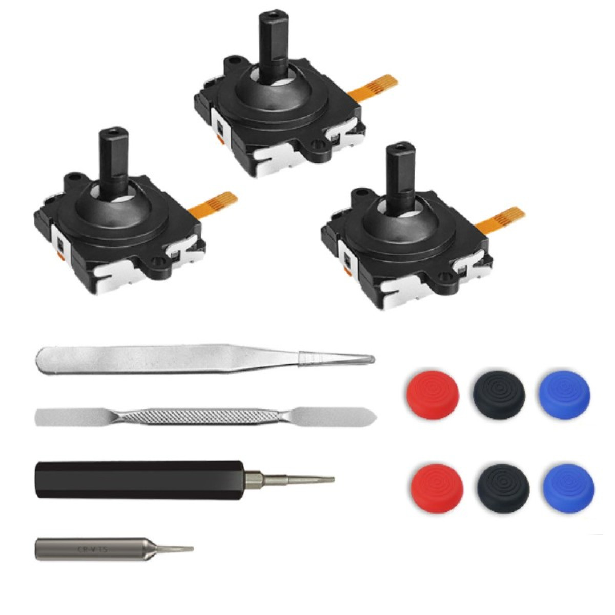 Moduli joystick, attrezzi e cappucci su sfondo bianco.