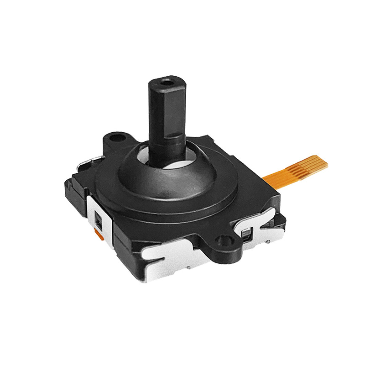 Un sensore joystick nero con cavo piatto arancione su sfondo bianco.