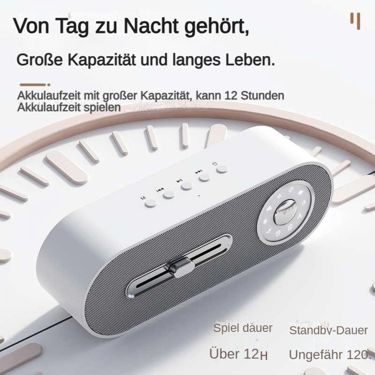 Ein weißer Lautsprecher mit CD-Schlitz und Bedienelementen auf einem Zifferblatt.
