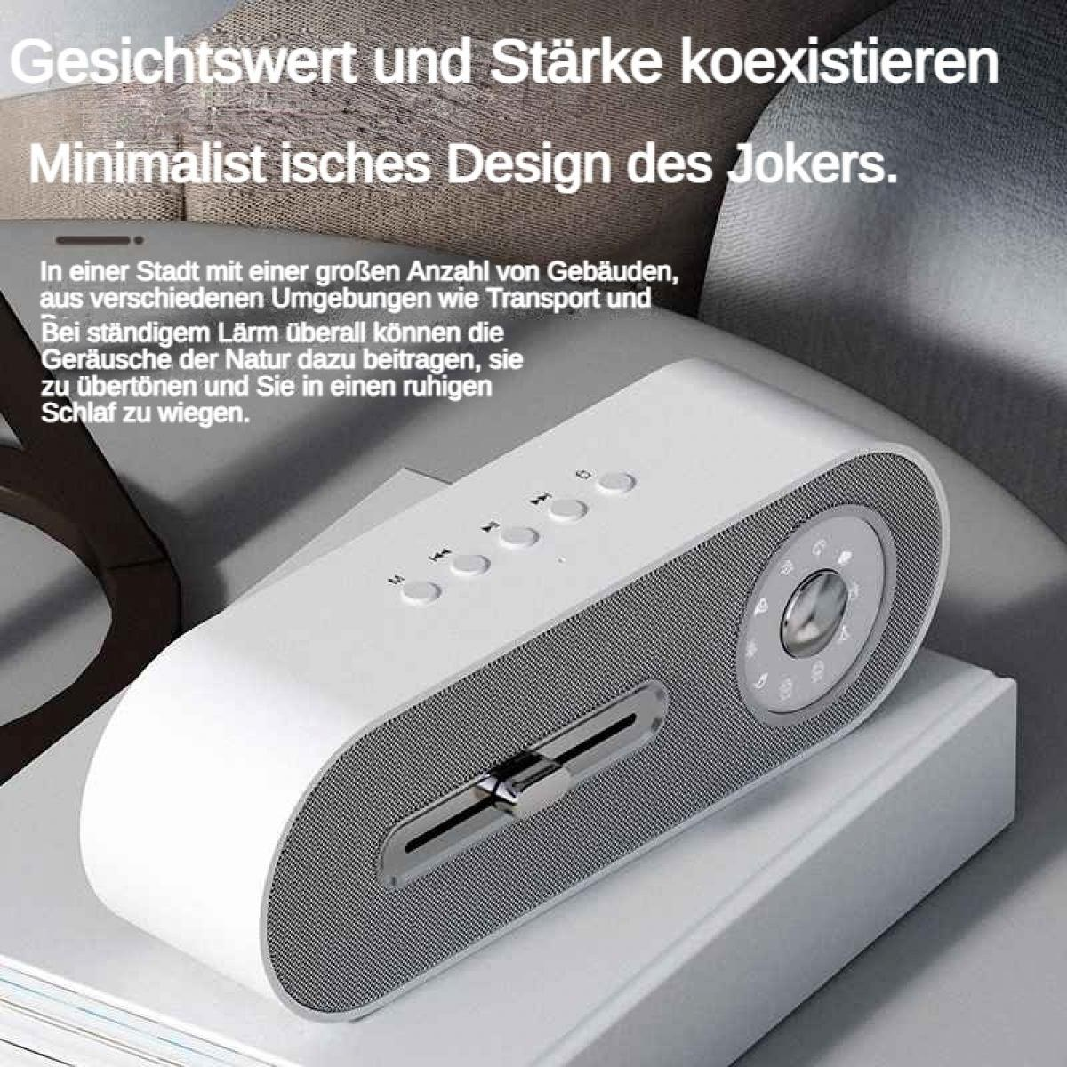 Ein weißer Lautsprecher mit Knöpfen und einem Drehregler steht auf einem Buch.