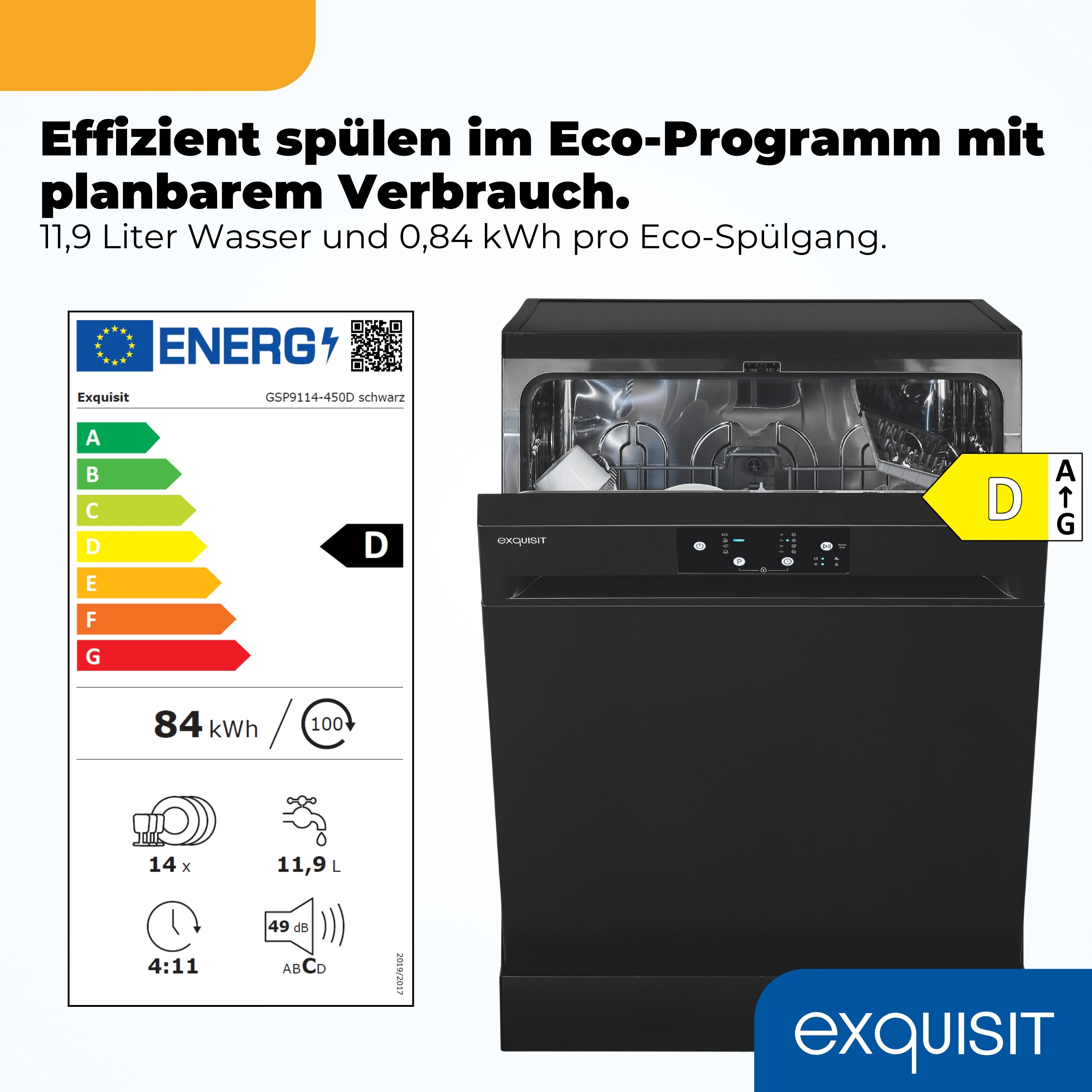 Lavavajillas Exquisit negro con etiqueta energética D, 14 servicios, 11.9L de agua.