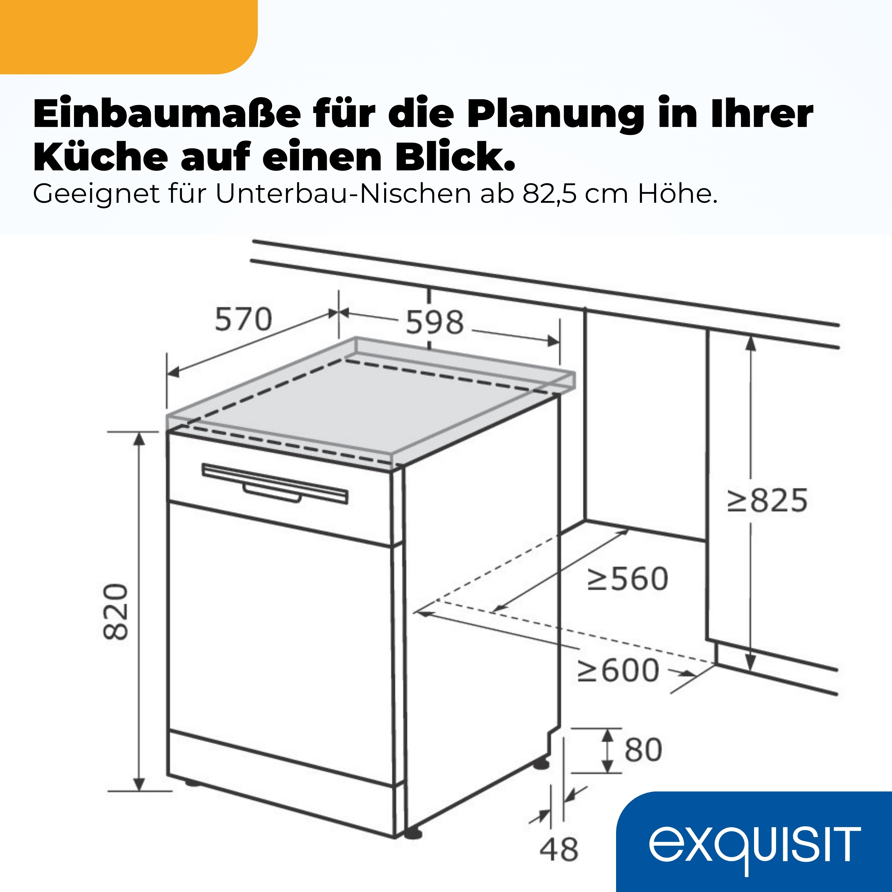 Dibujo técnico de un electrodoméstico empotrado con medidas.