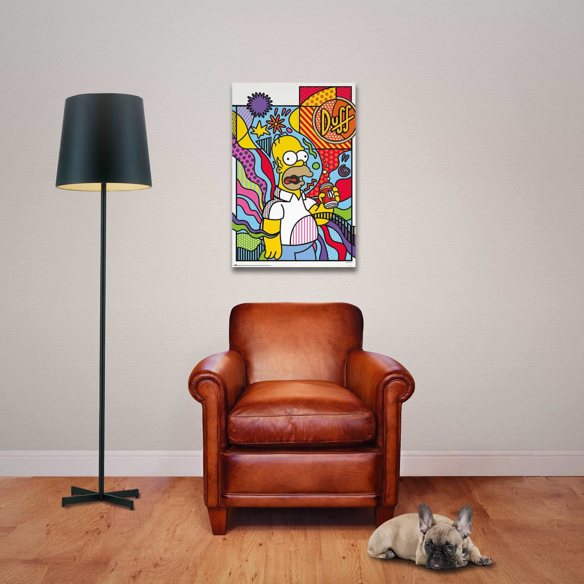 Homer Simpson Gemälde mit Duff Bier, braunem Ledersessel, schwarzer Lampe und Bulldogge.