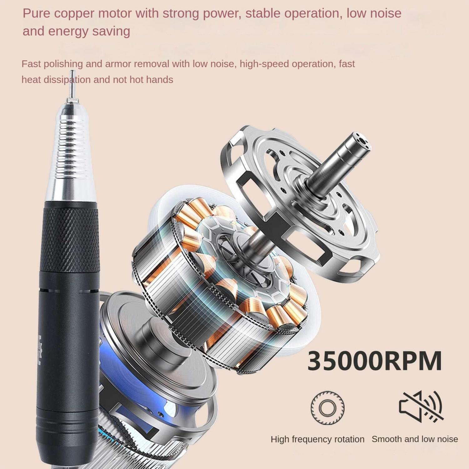 Ein schwarzer Nagelbohrer neben einem detaillierten Motor. 35000 U/min.