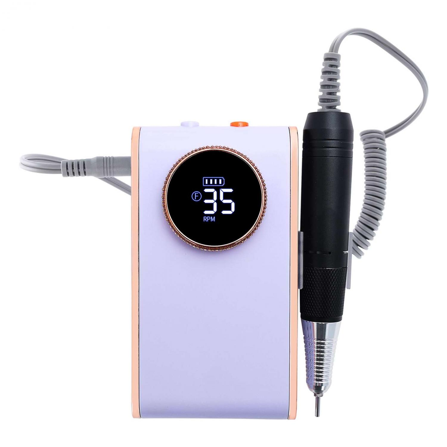 Lila Nagelfräser mit schwarzem Handstück und digitaler Anzeige von 35 U/min.