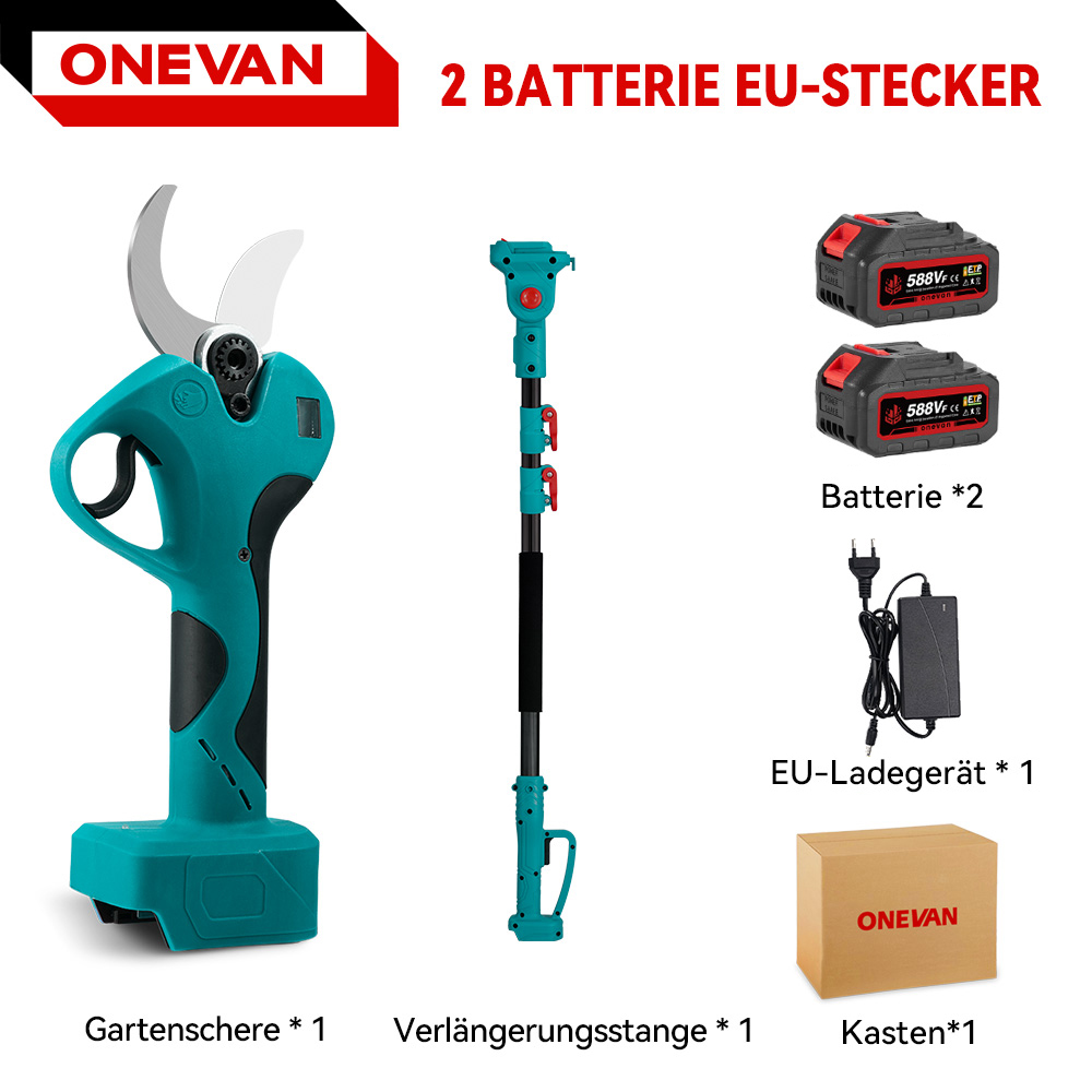 Ein Set mit Gartenschere, Verlängerungsstange, zwei Akkus, Ladegerät und Karton.