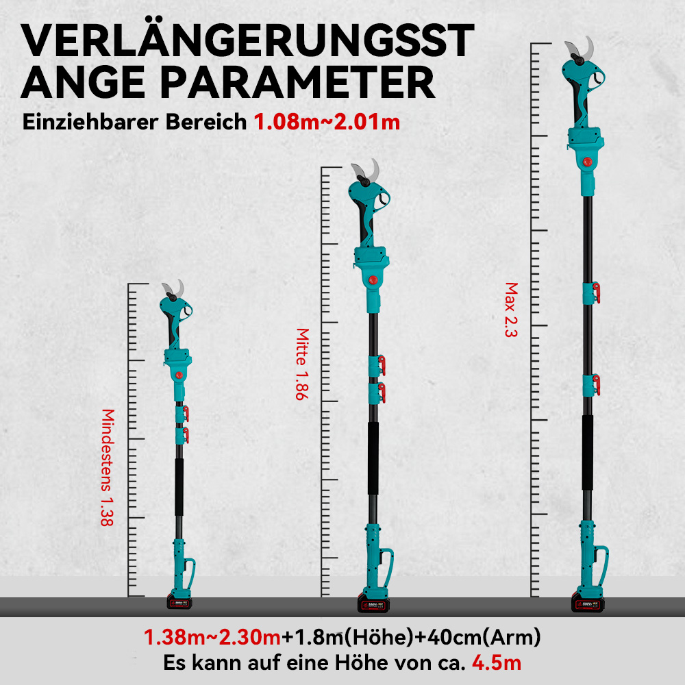 Tres tijeras telescópicas de pértiga de varias longitudes.