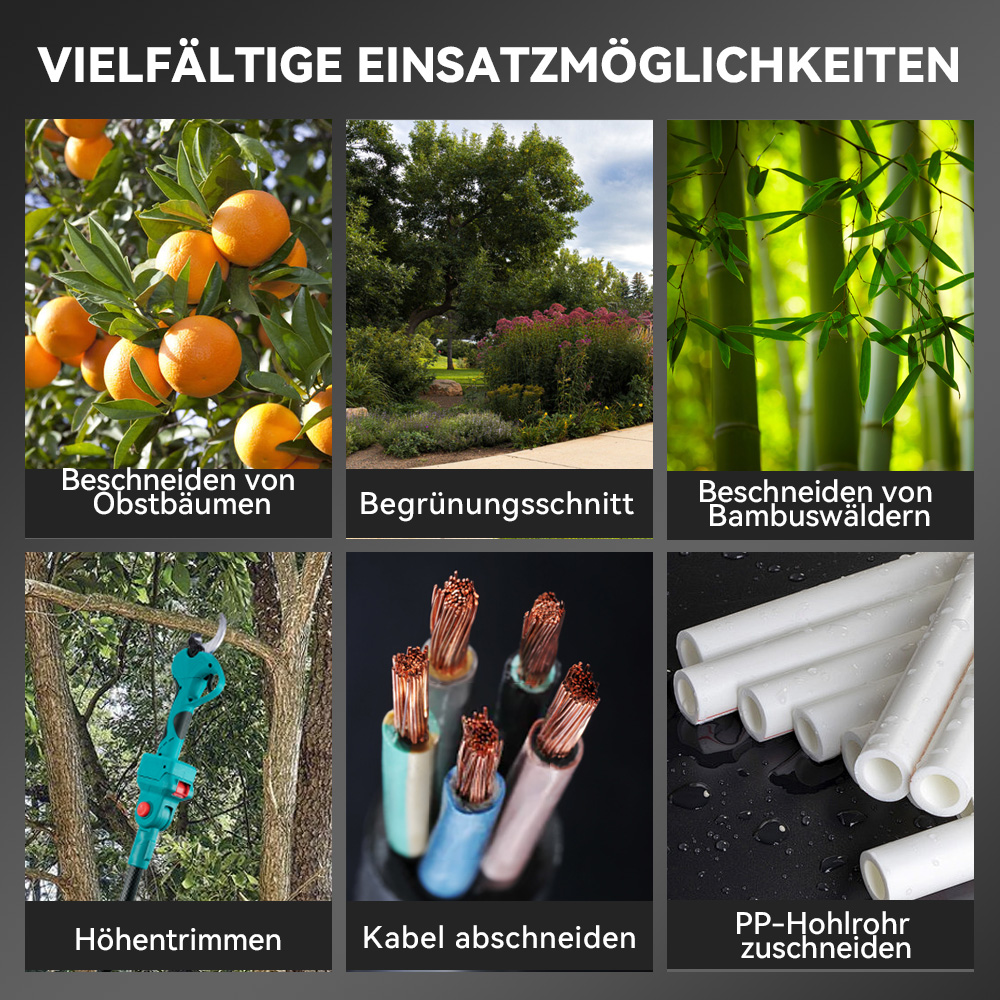 Seis imágenes: Naranjas, jardín, bambú, podadora, cables, tuberías.