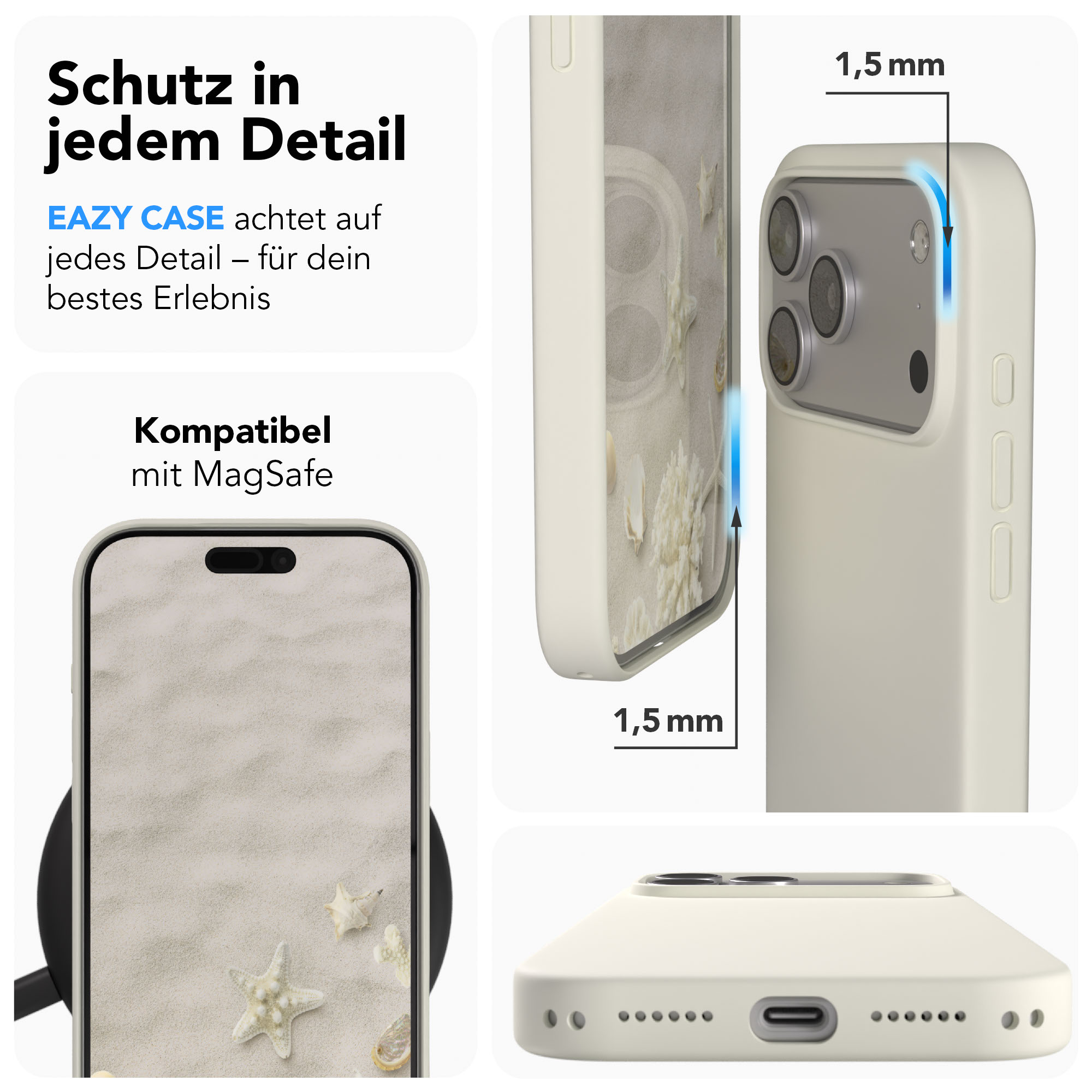 Ein hellbeiges Handycover mit Muschel- und Seesternmuster. Zeigt 1,5 mm Rand und MagSafe-Kompatibilität.