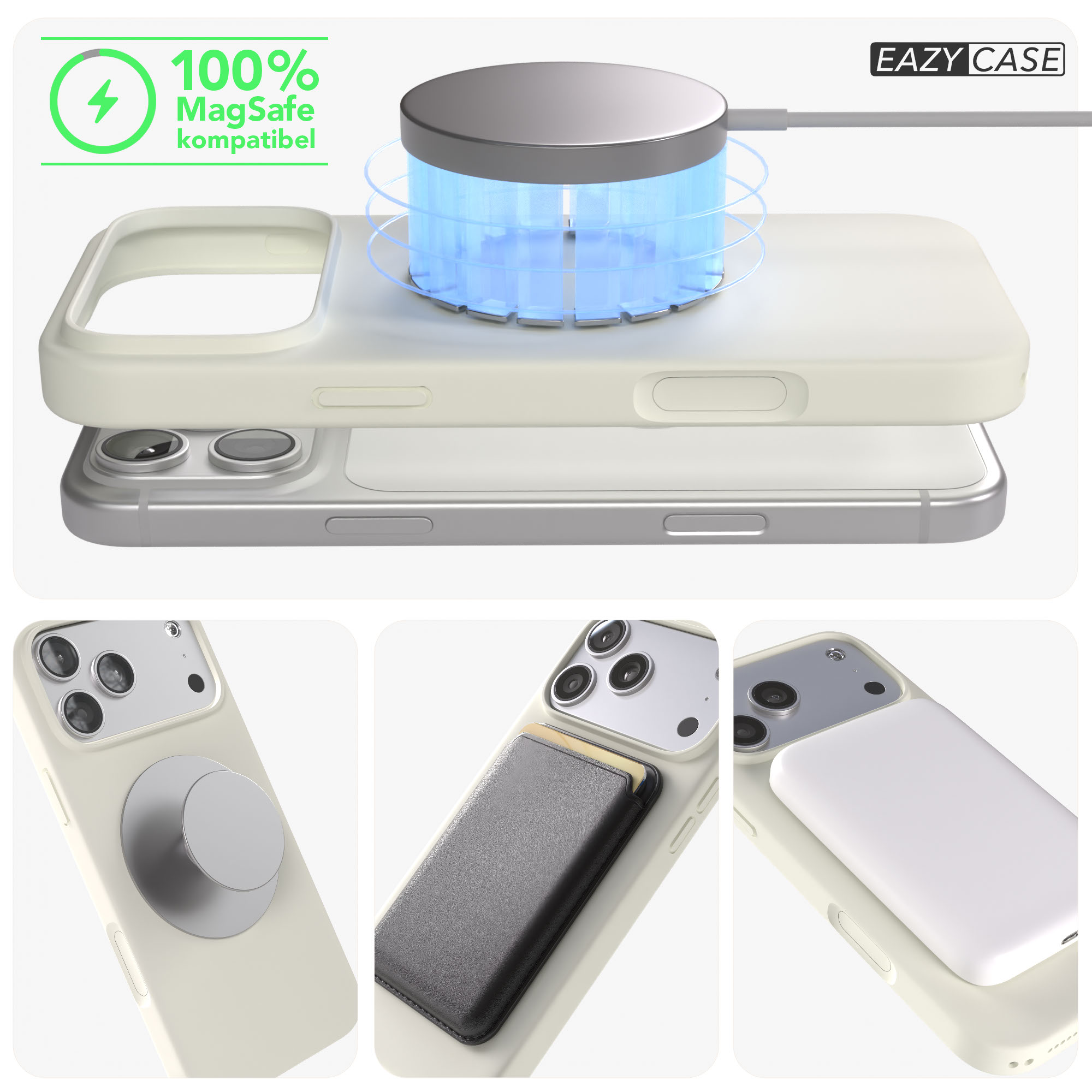 Ein hellbeiges Handycase mit MagSafe-kompatiblem Ladegerät und Zubehörteilen.