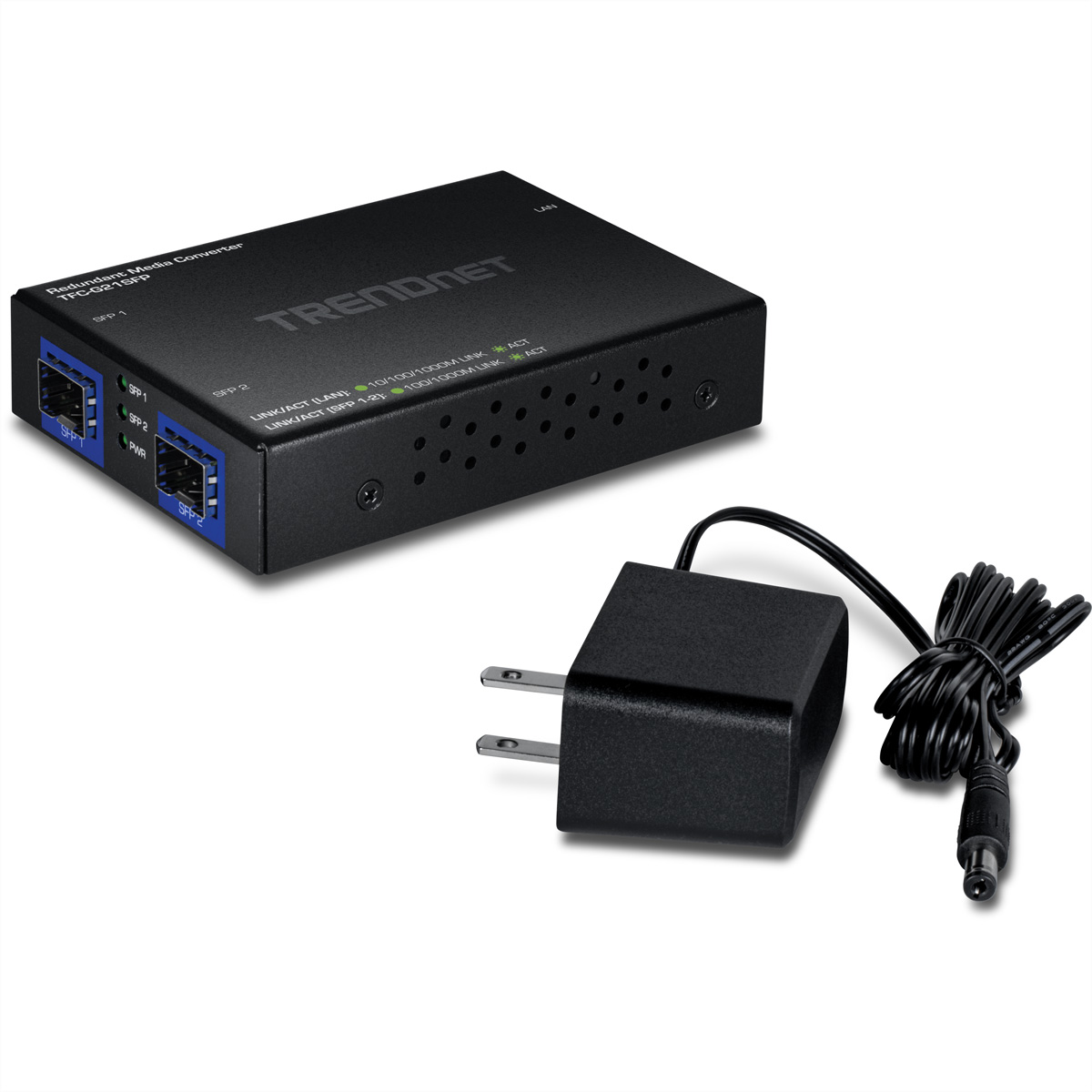 Schwarzer Trendnet Medienkonverter mit zwei SFP-Ports und Netzteil.