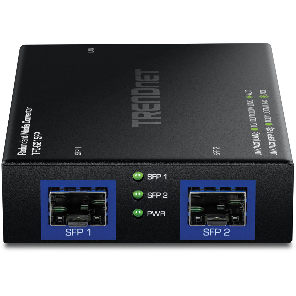 Schwarzer TRENDnet Medienkonverter mit SFP 1 & 2 Ports und Status-LEDs.