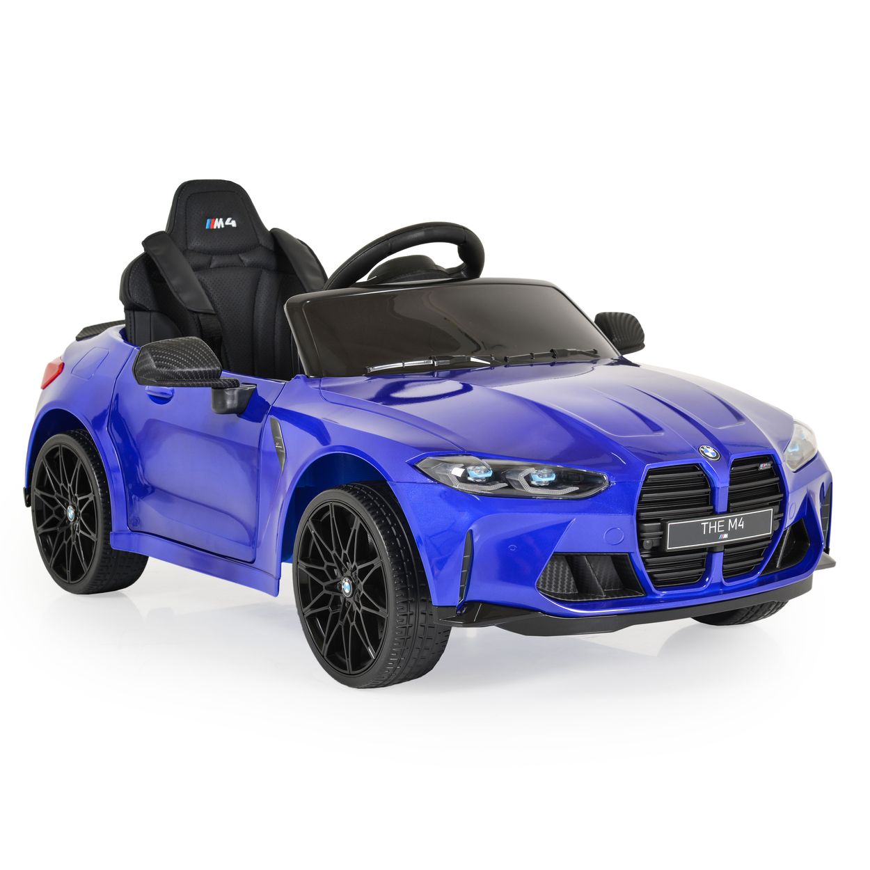 Ein blauer Spielzeug-BMW mit schwarzen Rädern und M4-Emblem.