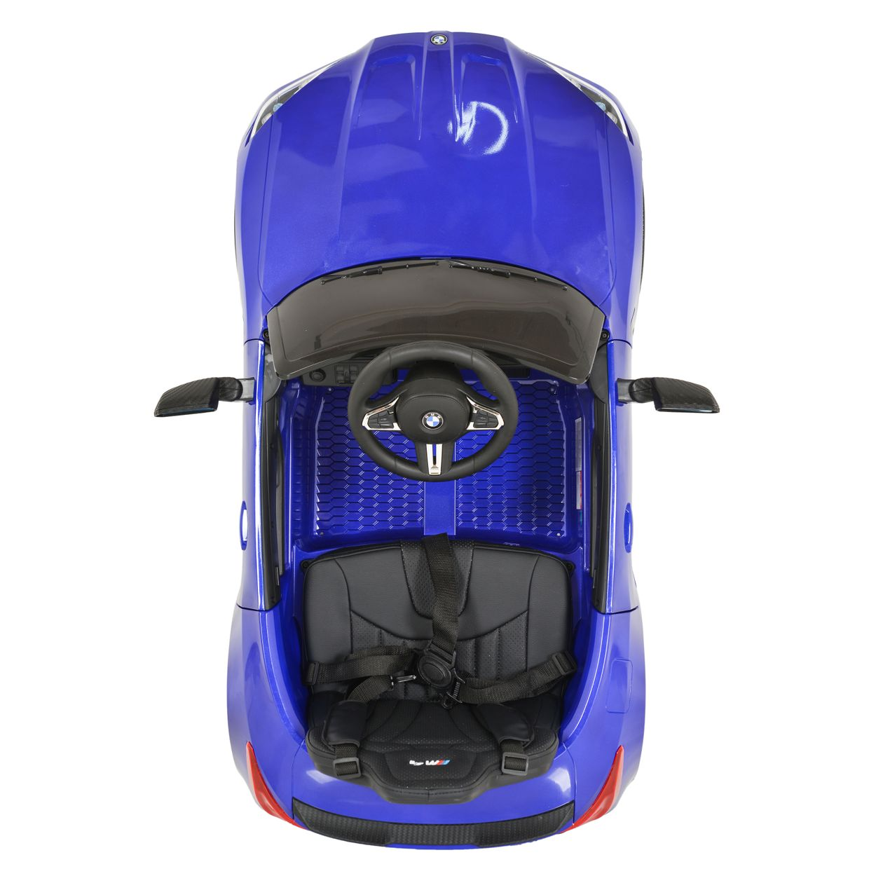 Ein blauer Spielzeug-BMW von oben mit schwarzem Sitz und Lenkrad.