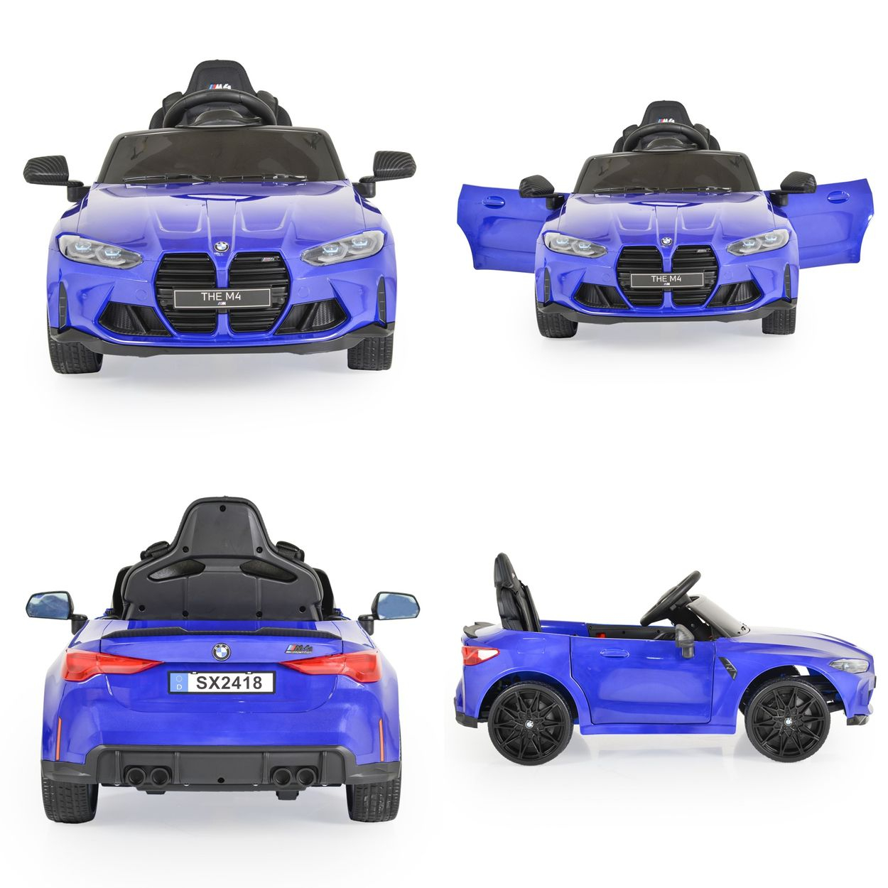 Blauer Kinder-BMW mit offenen Türen, Vorder-, Rück- und Seitenansicht.