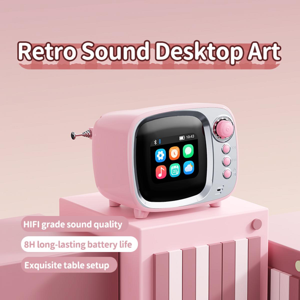 Ein rosa Retro-Musikplayer mit Bildschirm steht auf einer rosa Basis mit Tastaturdetails.