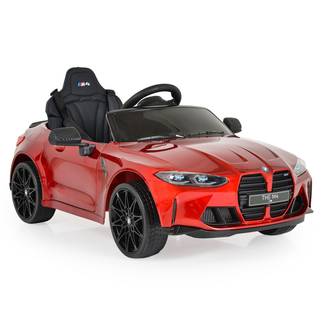 Roter Spielzeug-BMW mit schwarzen Rädern und schwarzem Sitz.