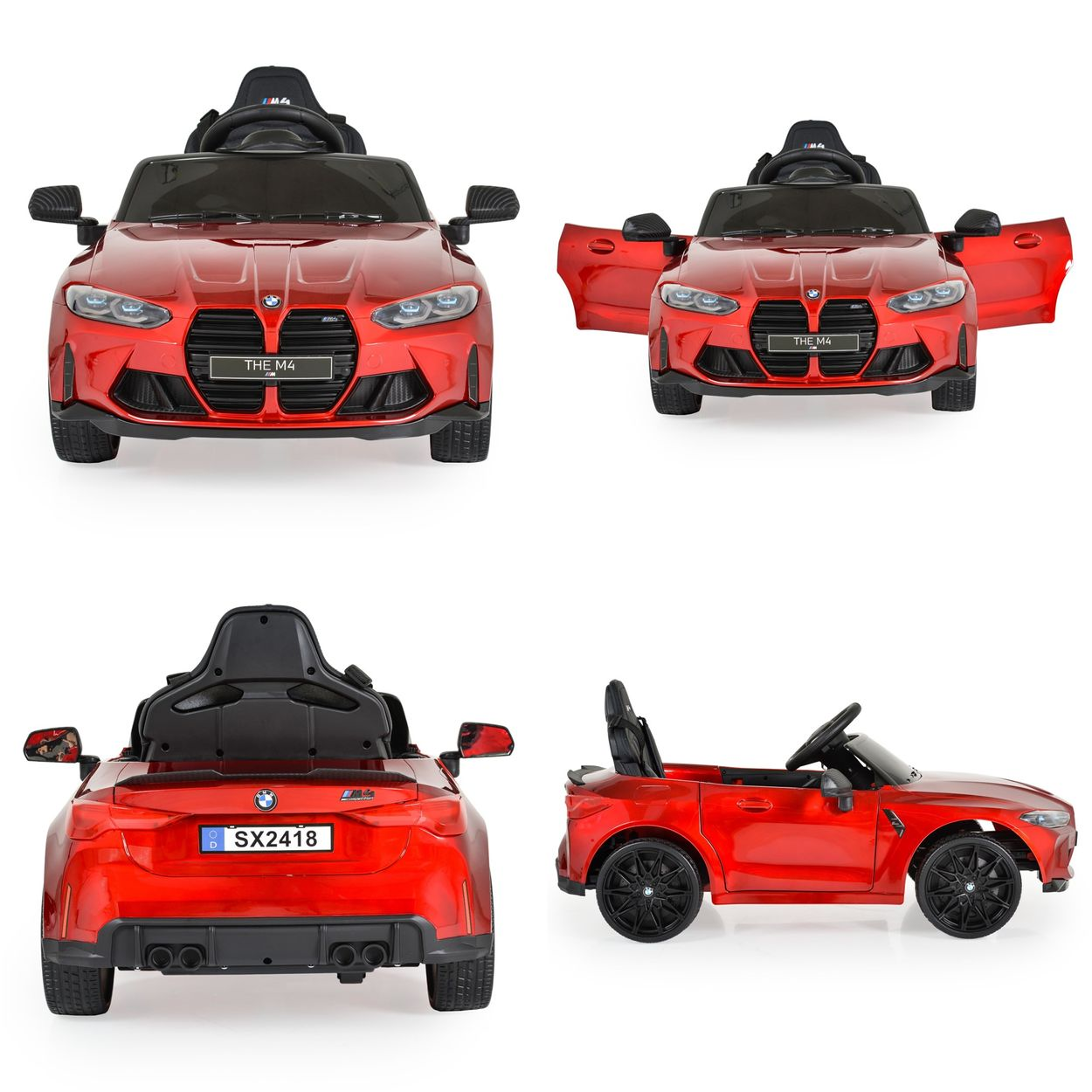 Ein rotes Spielzeugauto mit offenen Türen, Vorder-, Rück- und Seitenansicht.