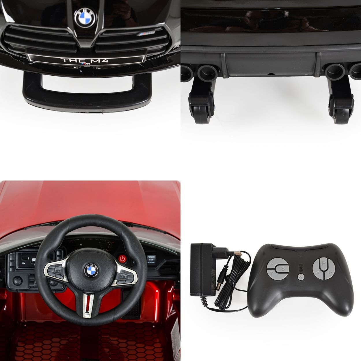 Vier Bilder eines roten Spielzeugautos: Front, Heck, Innenraum und Fernbedienung.