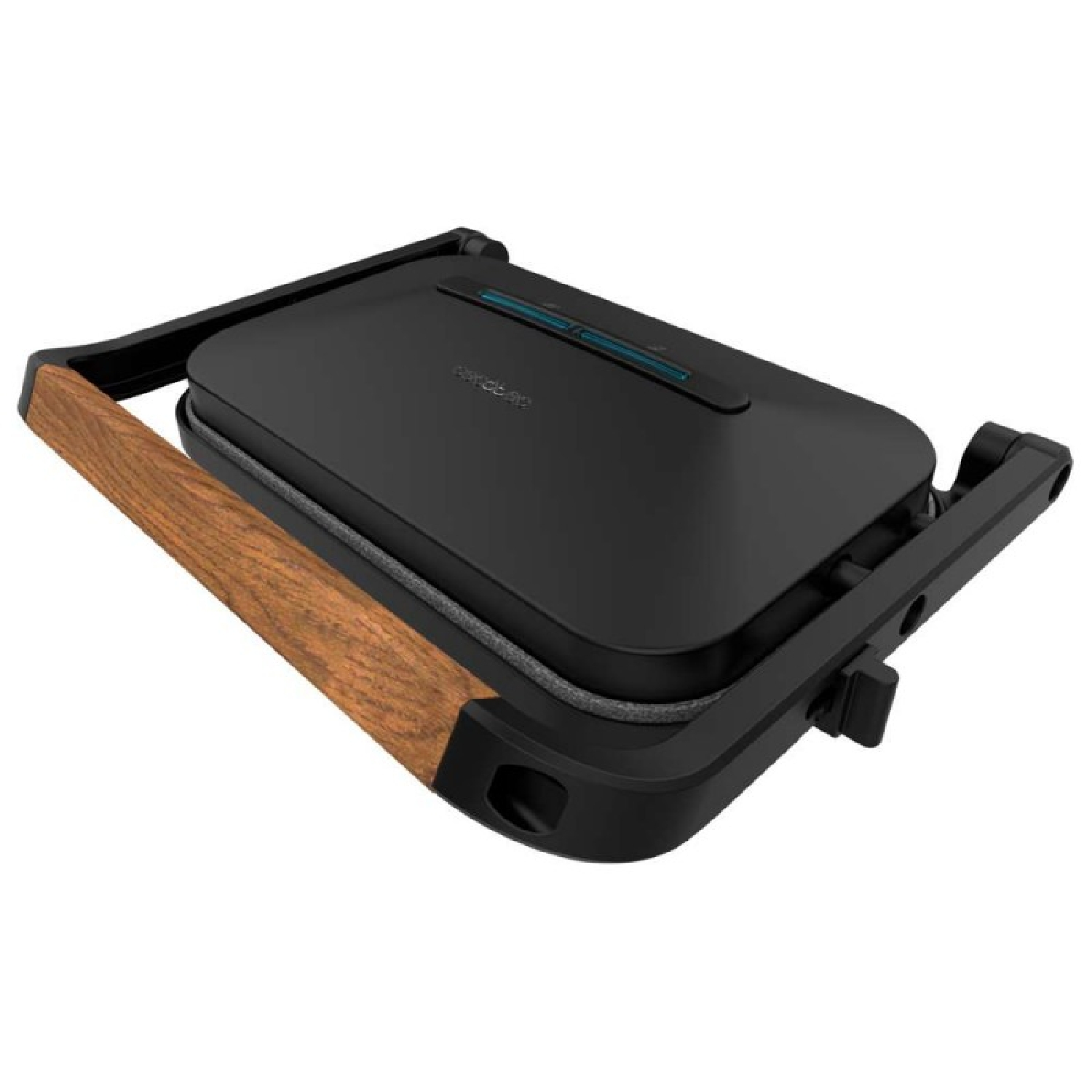 Una sandwichera negra con mango de madera y luces indicadoras azules.