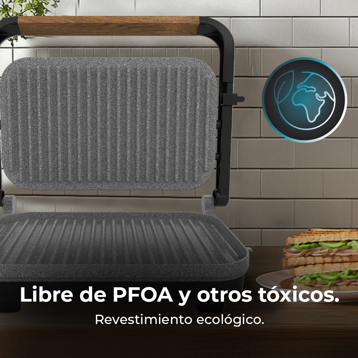 Parrilla con sándwiches y logo ecológico. Libre de PFOA y tóxicos.