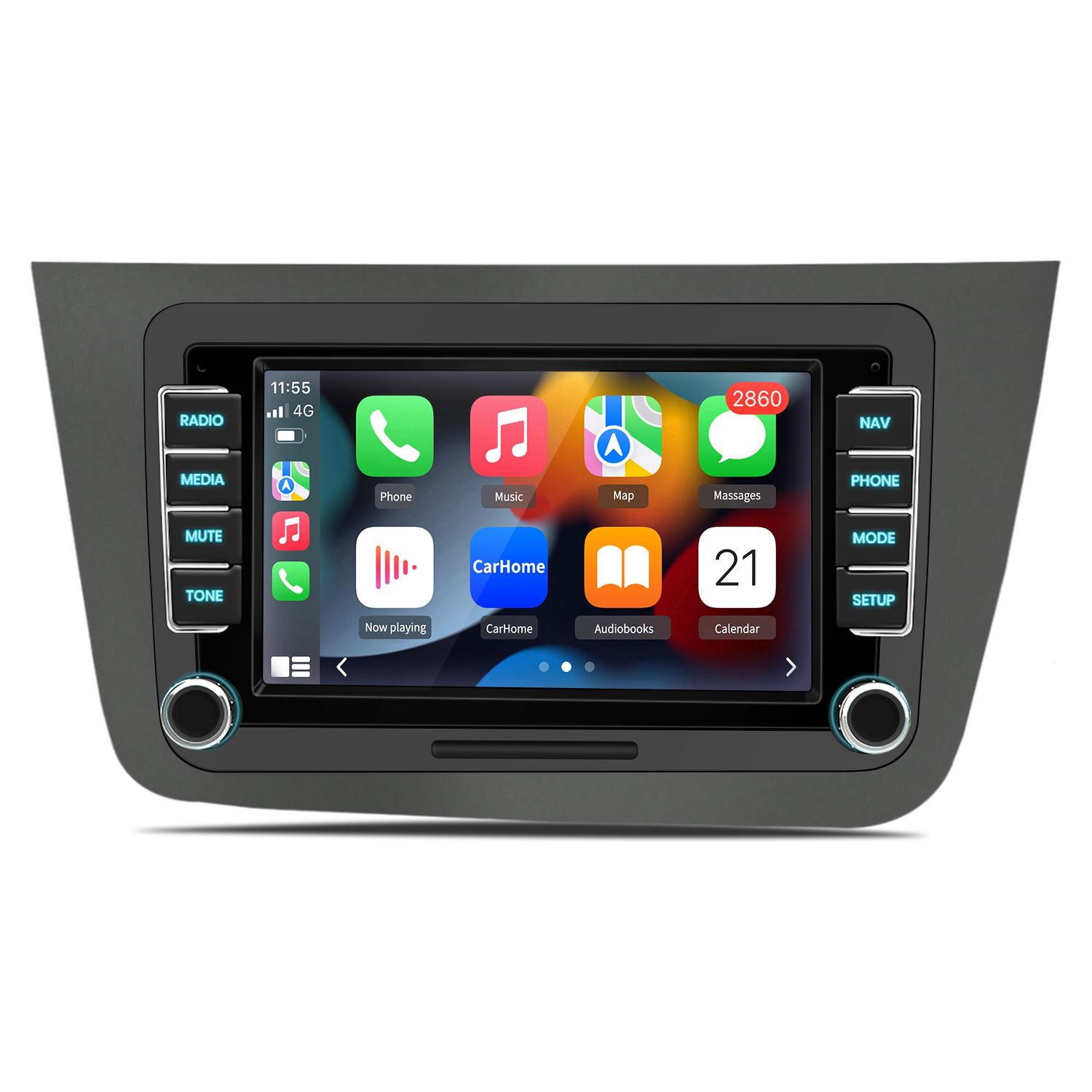 Ein Auto-Infotainmentsystem mit Icons für Telefon, Musik, Karte und Nachrichten.