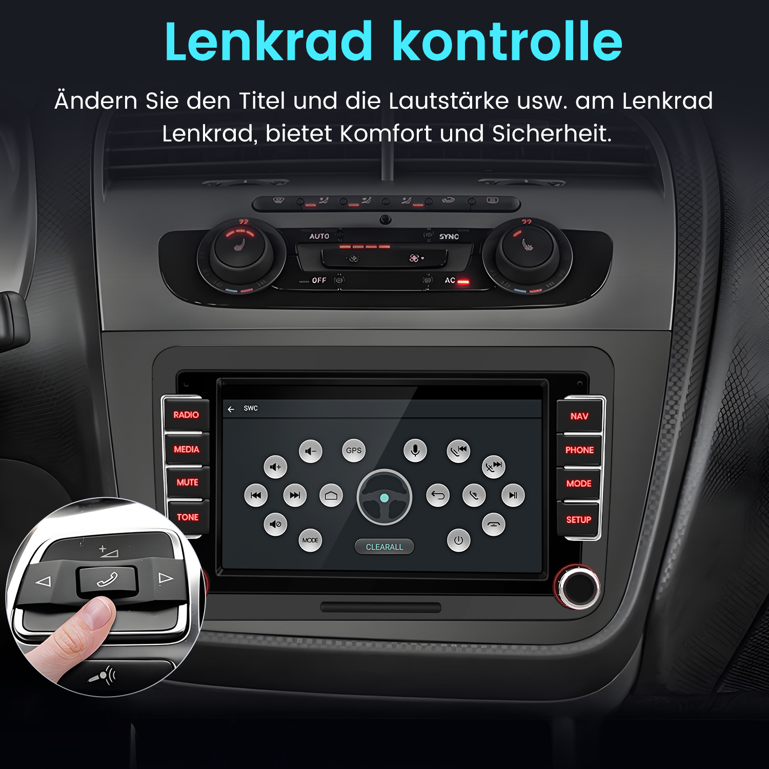 Ein Finger drückt eine Taste am Lenkrad eines Autos, daneben ein Touchscreen.