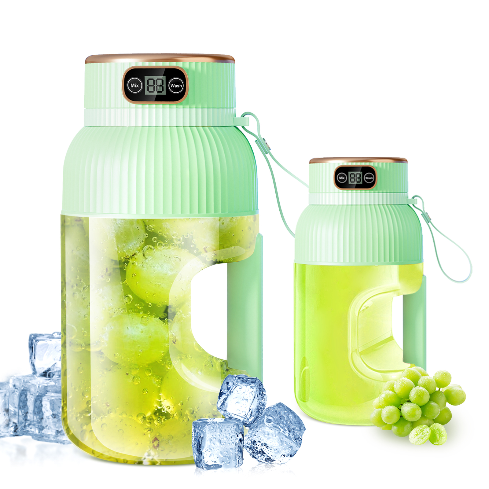 Zwei grüne Mixer mit Trauben, Eiswürfeln und digitaler Anzeige.
