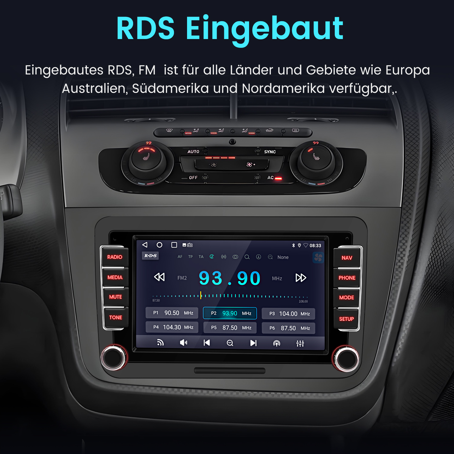 Einbau-RDS-FM-Autoradio mit 93.90 MHz und Speichertasten.