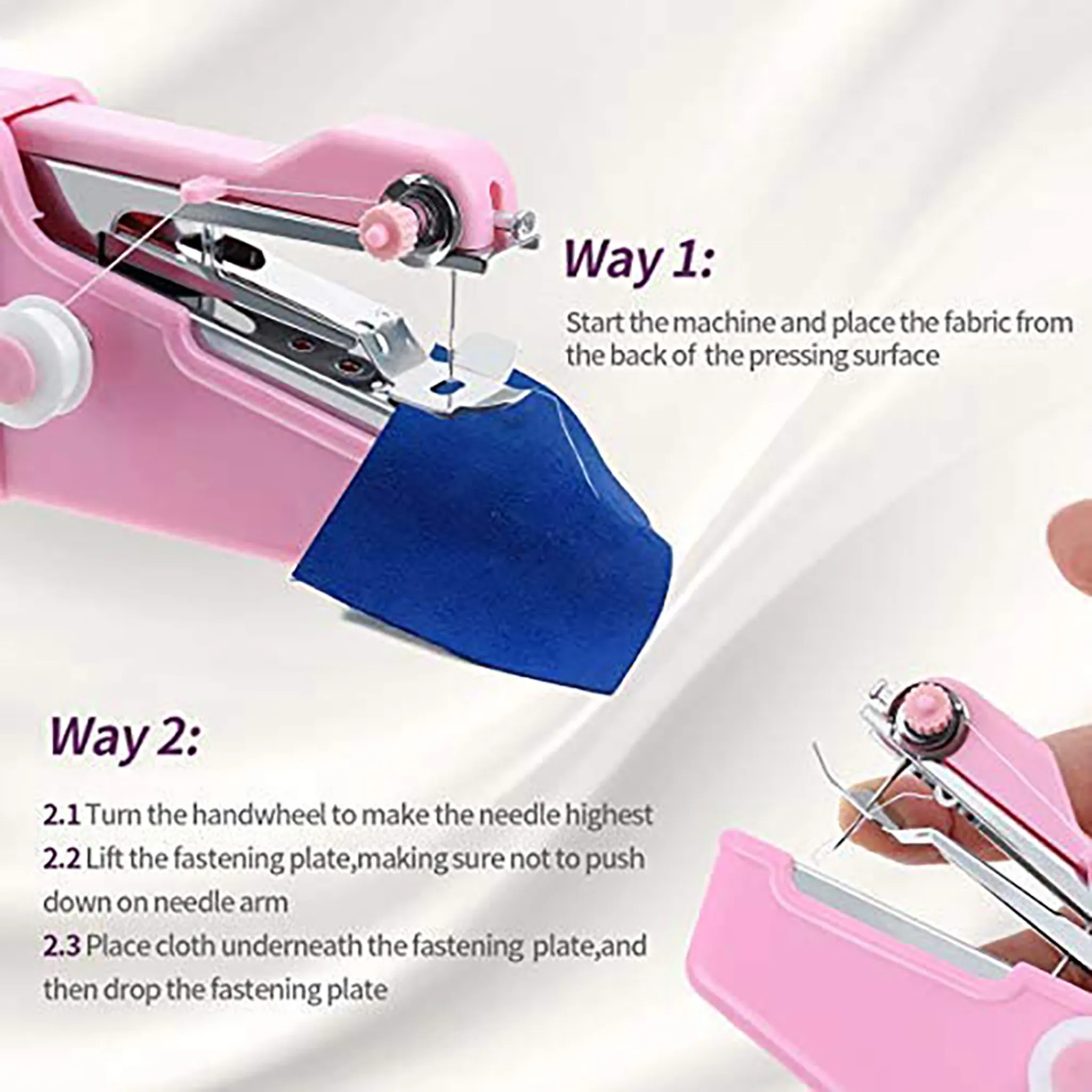 Pink Nähmaschine mit Stoff, Anleitungsschritte.