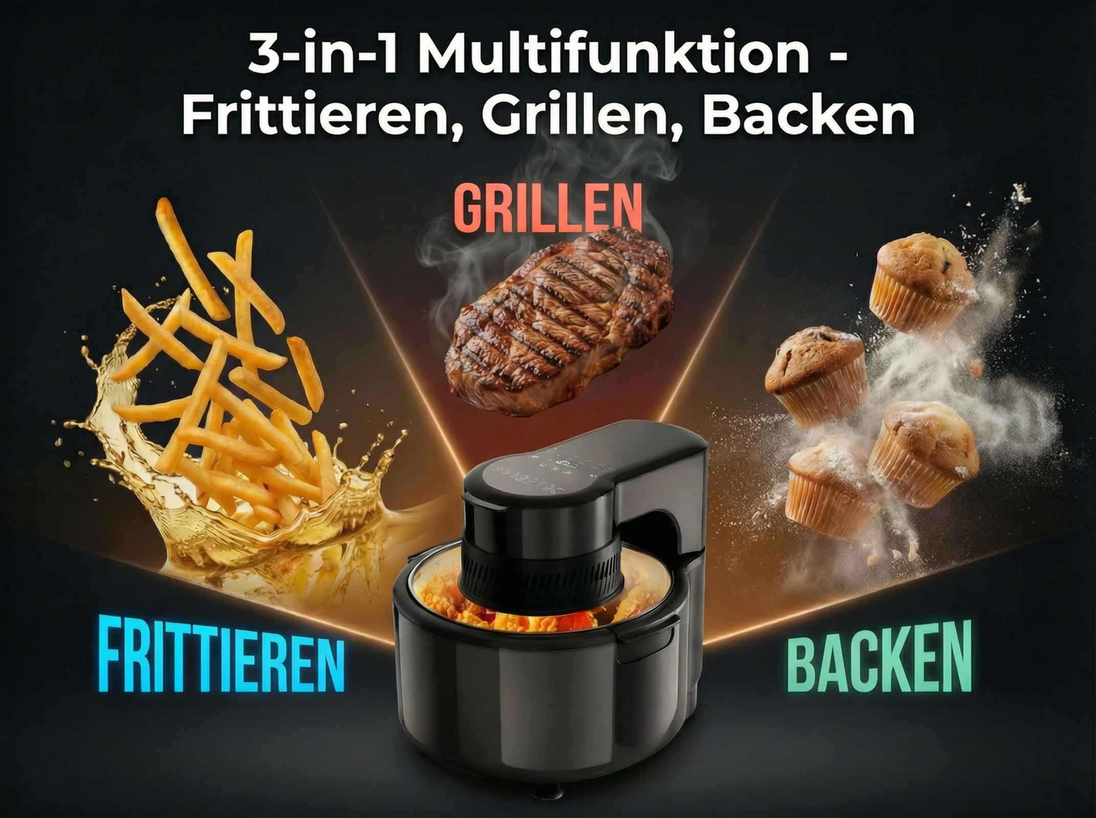 Ein Multifunktionsgerät zeigt Frittieren, Grillen und Backen mit Pommes, Steak und Muffins.