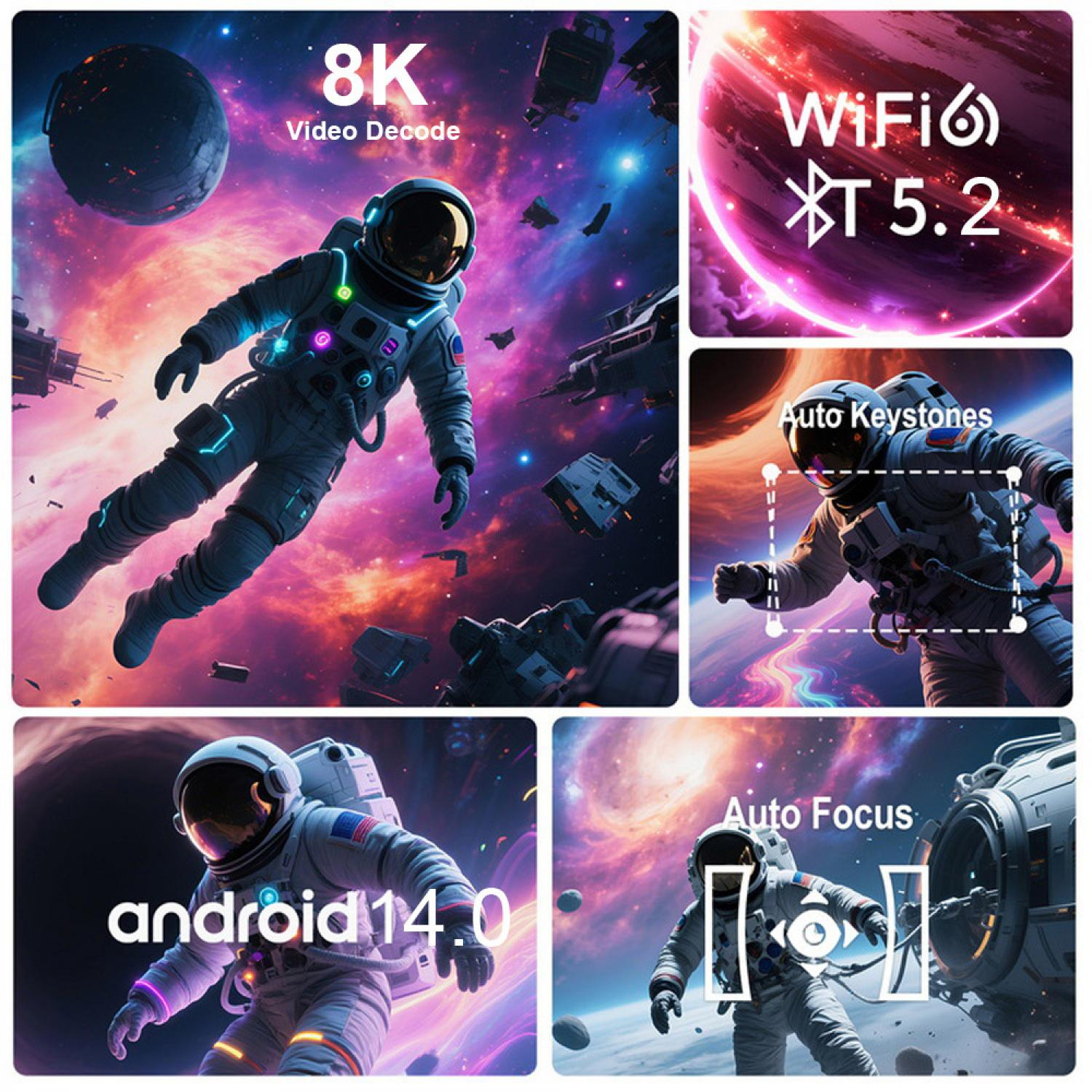 Astronauten im Weltraum mit Text-Overlays: 8K, WiFi6, Android 14.