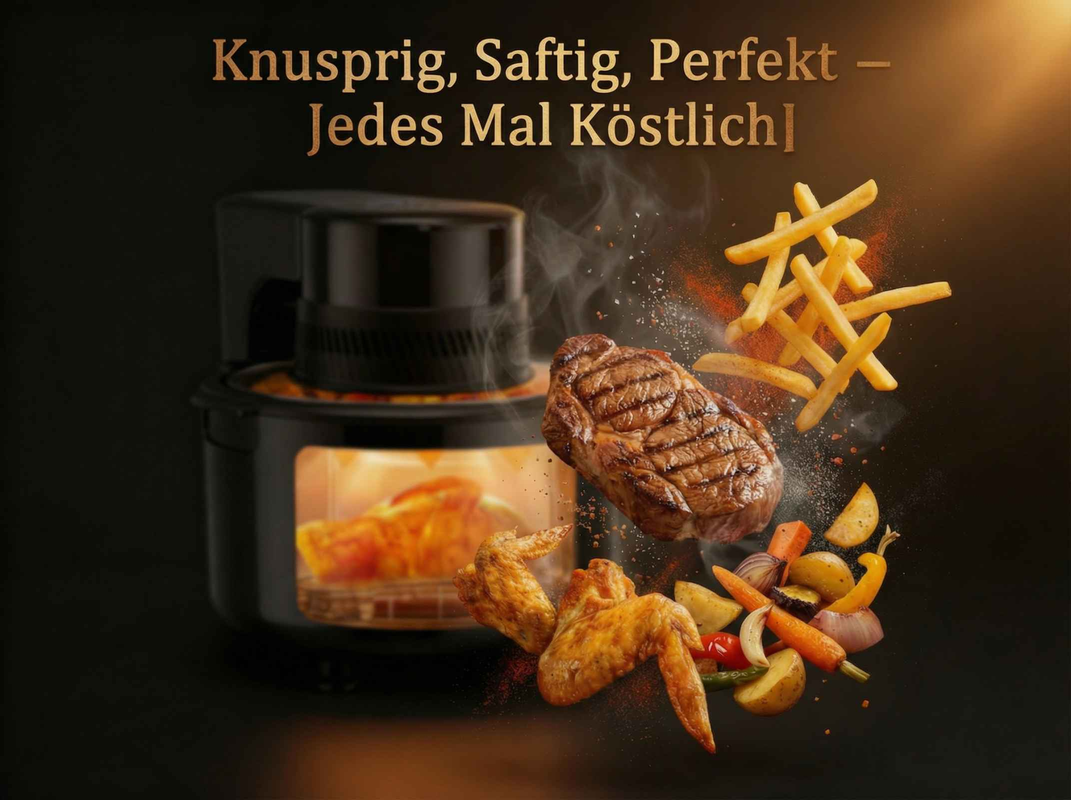 Ein Steak, Hähnchenflügel, Pommes und Gemüse fliegen aus einem Airfryer.