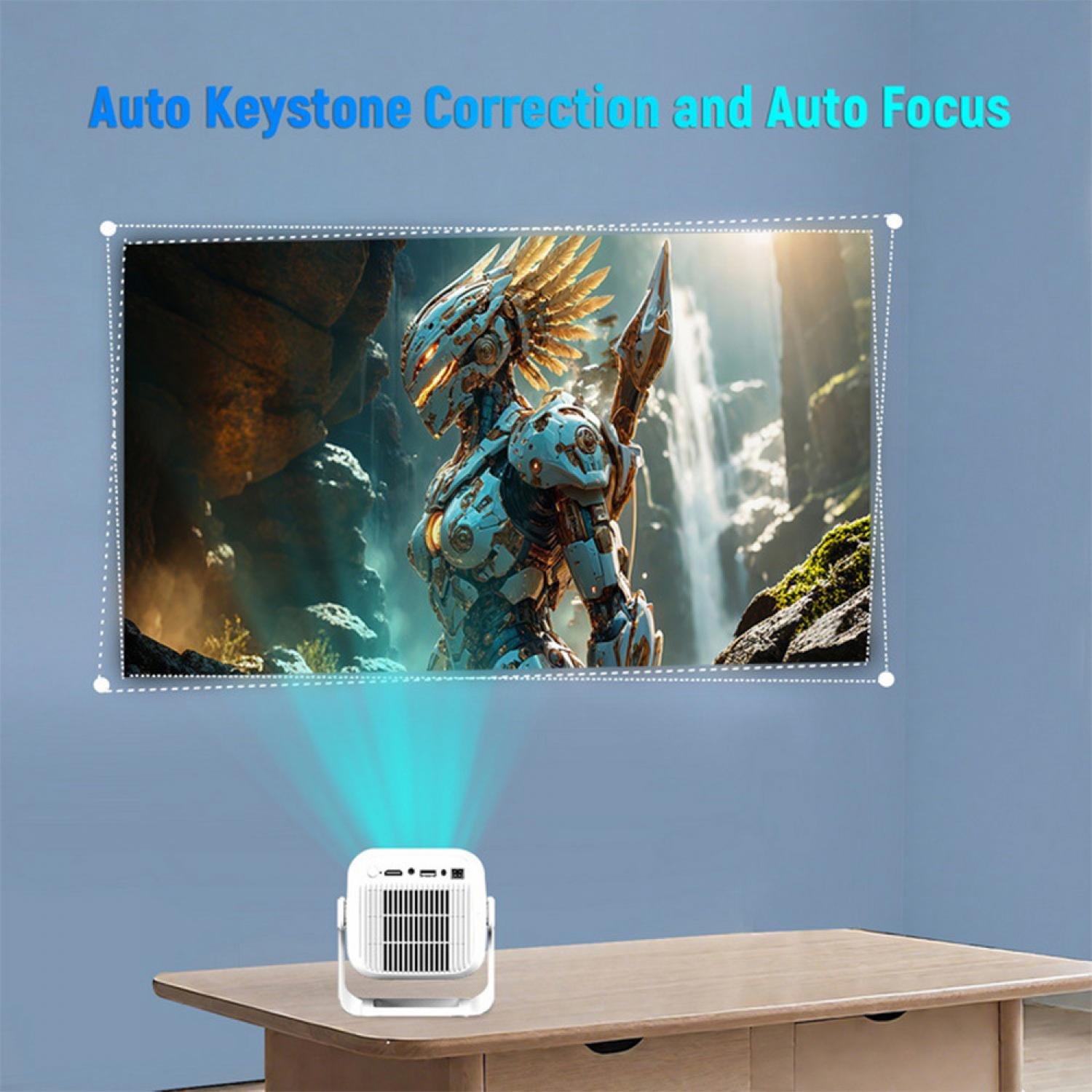 Ein Projektor wirft ein Bild von einem Cyborg vor einem Wasserfall auf eine Wand.