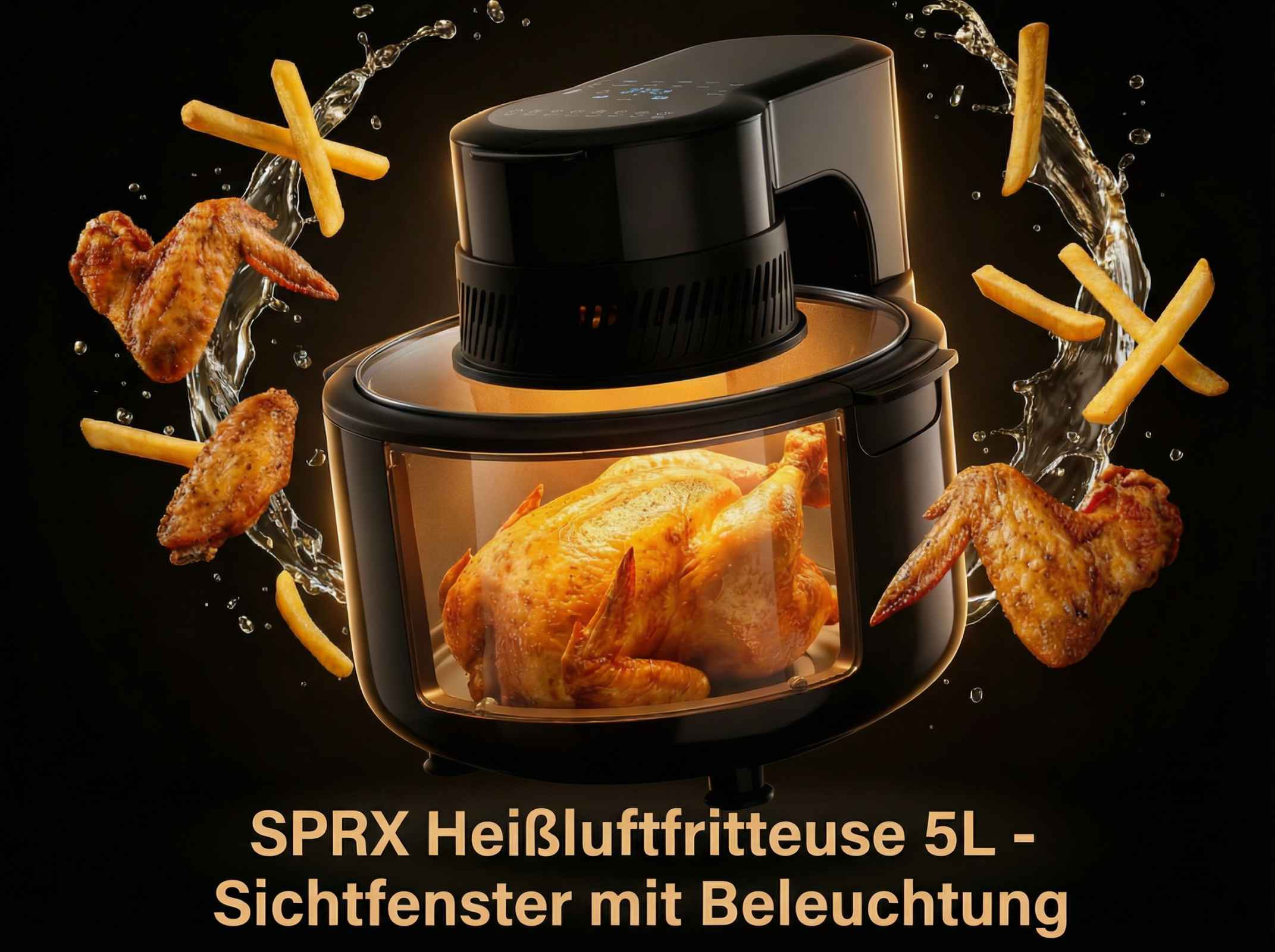 Ein Brathähnchen in einem Airfryer mit Pommes und Flügeln, die herumfliegen.