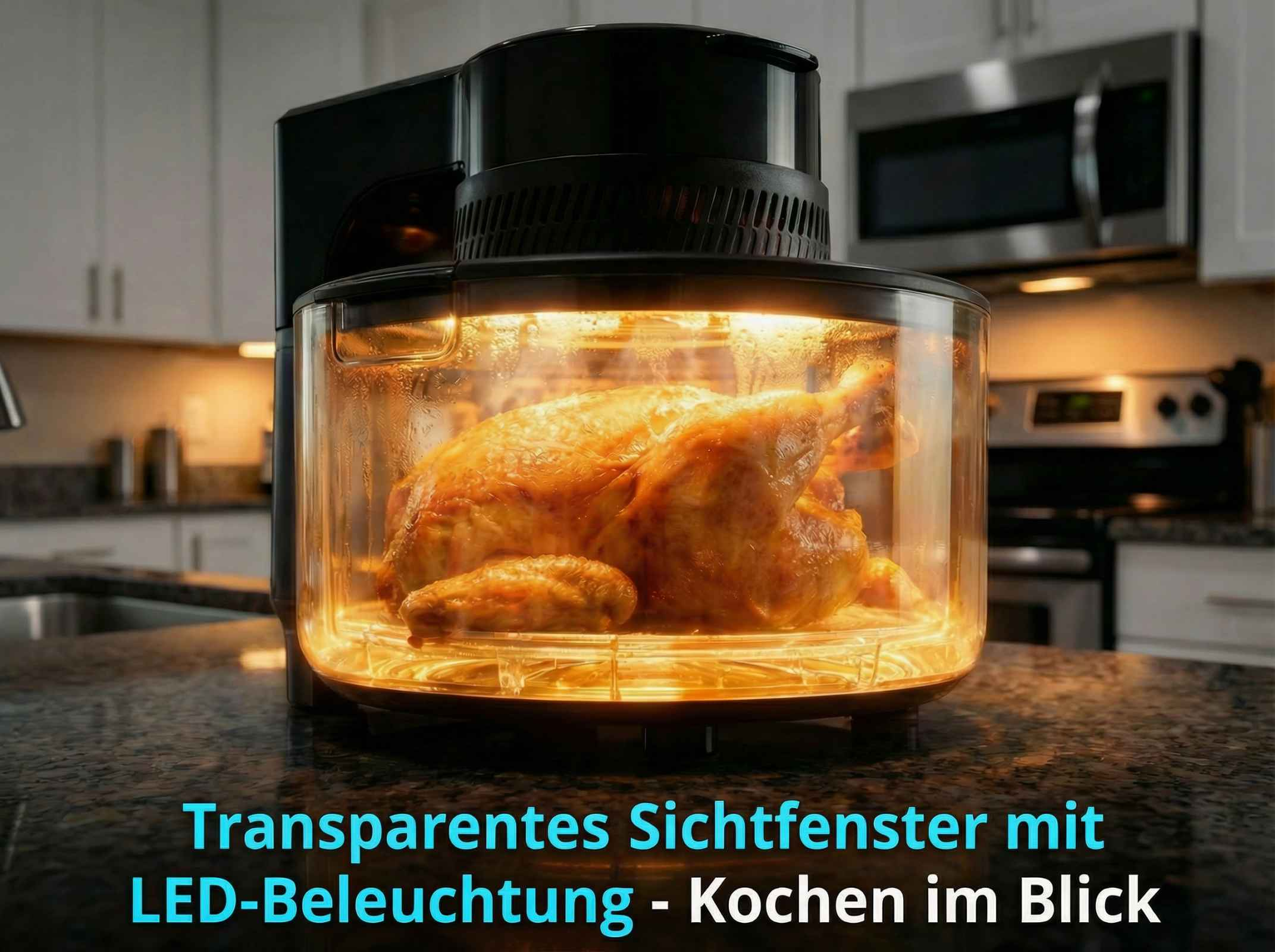 Ein Brathähnchen wird in einem Glasofen mit LED-Beleuchtung gegrillt.