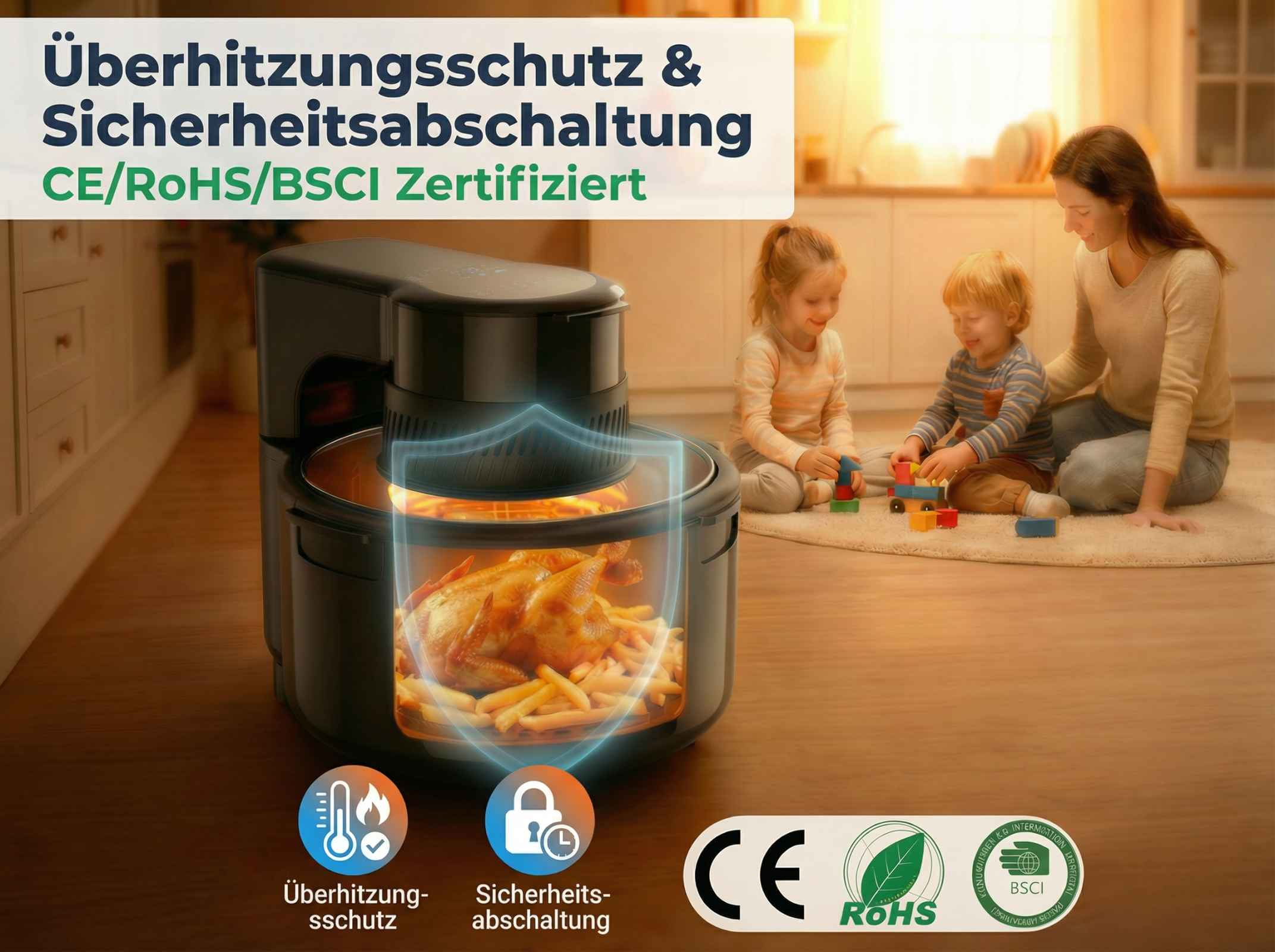 Ein Hähnchen und Pommes in einem Airfryer. Eine Familie spielt im Hintergrund.