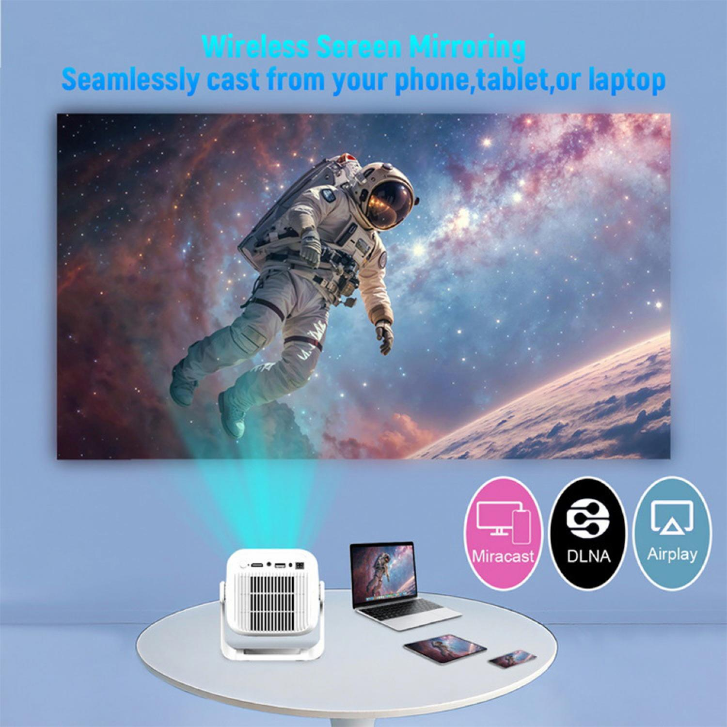Ein Astronaut schwebt im Weltraum vor einem Sternenfeld, während ein Projektor Inhalte drahtlos überträgt.