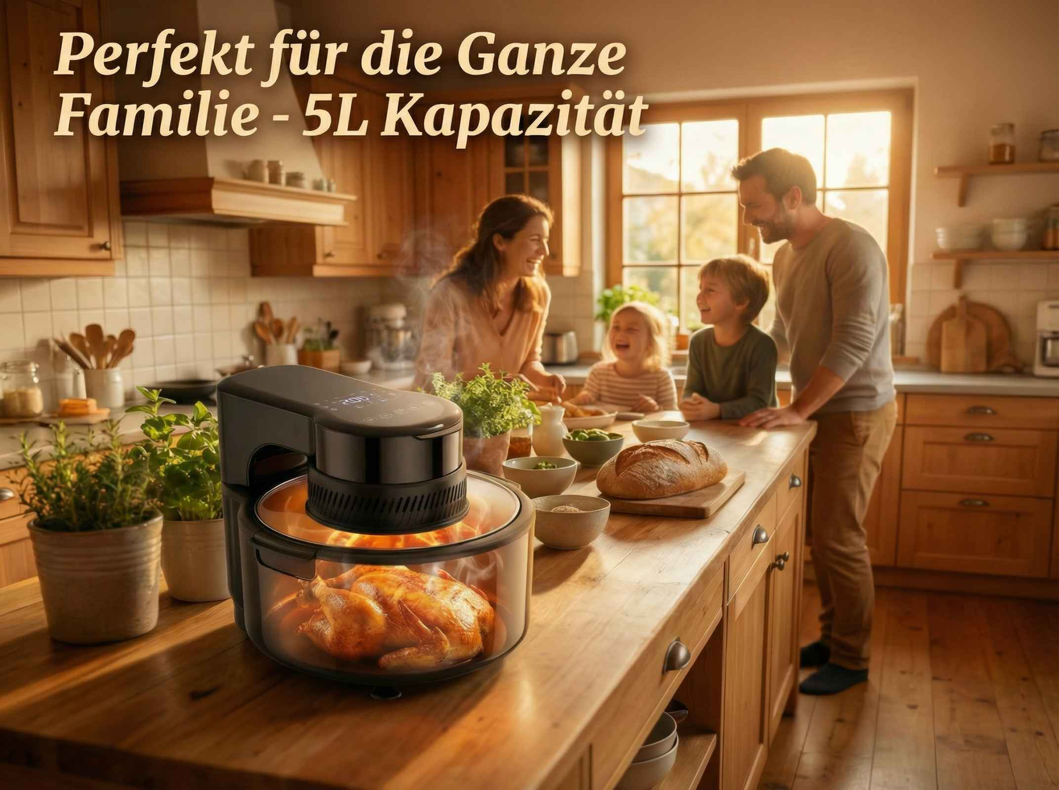 Ein Brathähnchen in einem Airfryer mit einer Familie im Hintergrund.