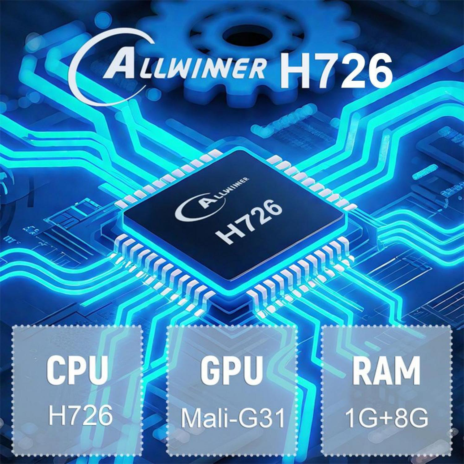 Allwinner H726 Chip mit CPU-, GPU- und RAM-Spezifikationen. Blaues Leiterplattenthema.