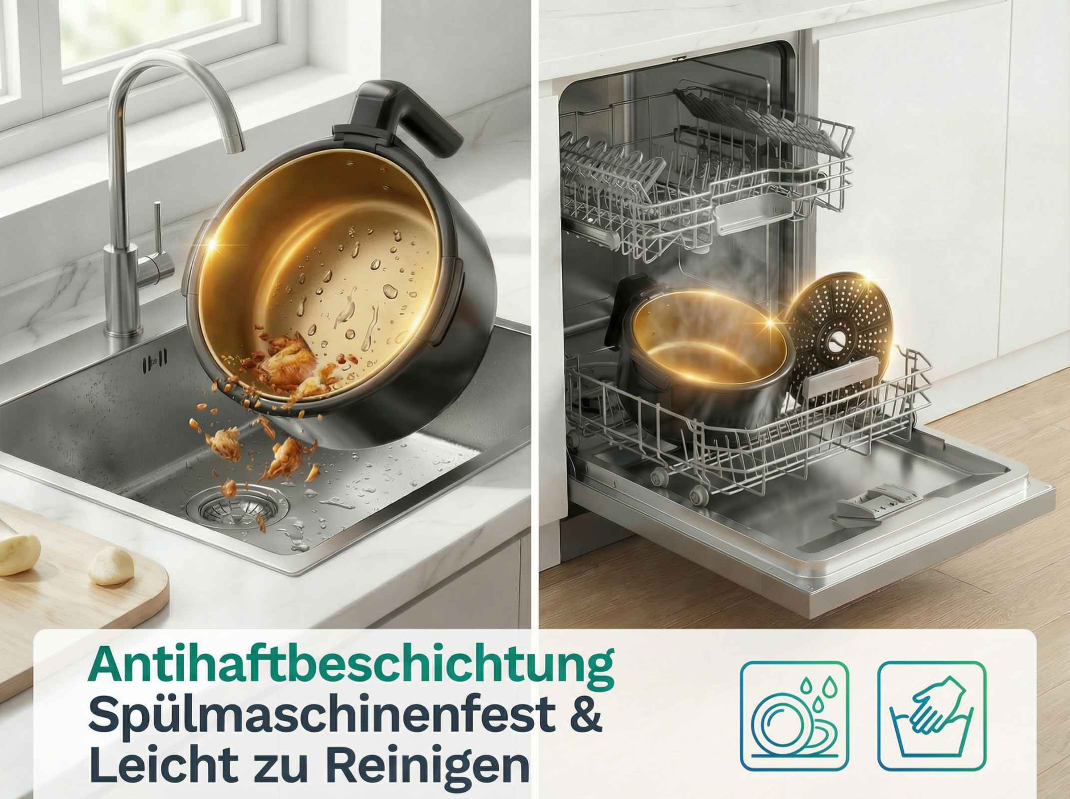 Luftfritteuse-Einsatz wird im Spülbecken gespült und in einer Spülmaschine platziert.